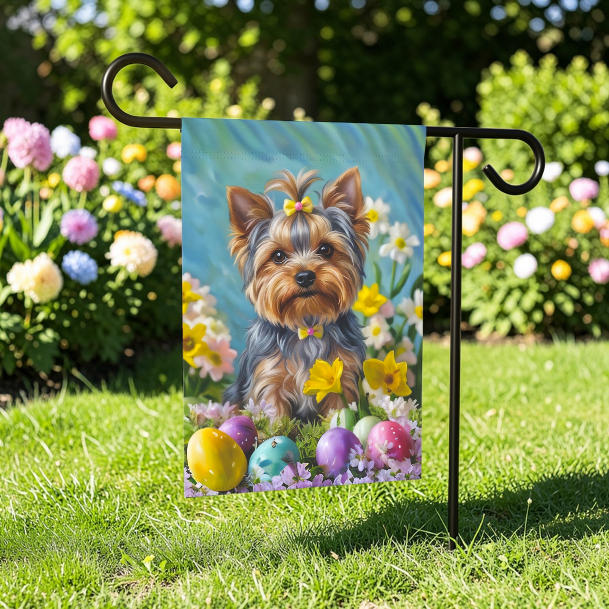 Yorkshire Terrier Flowers and Easter Eggs Garden Flag