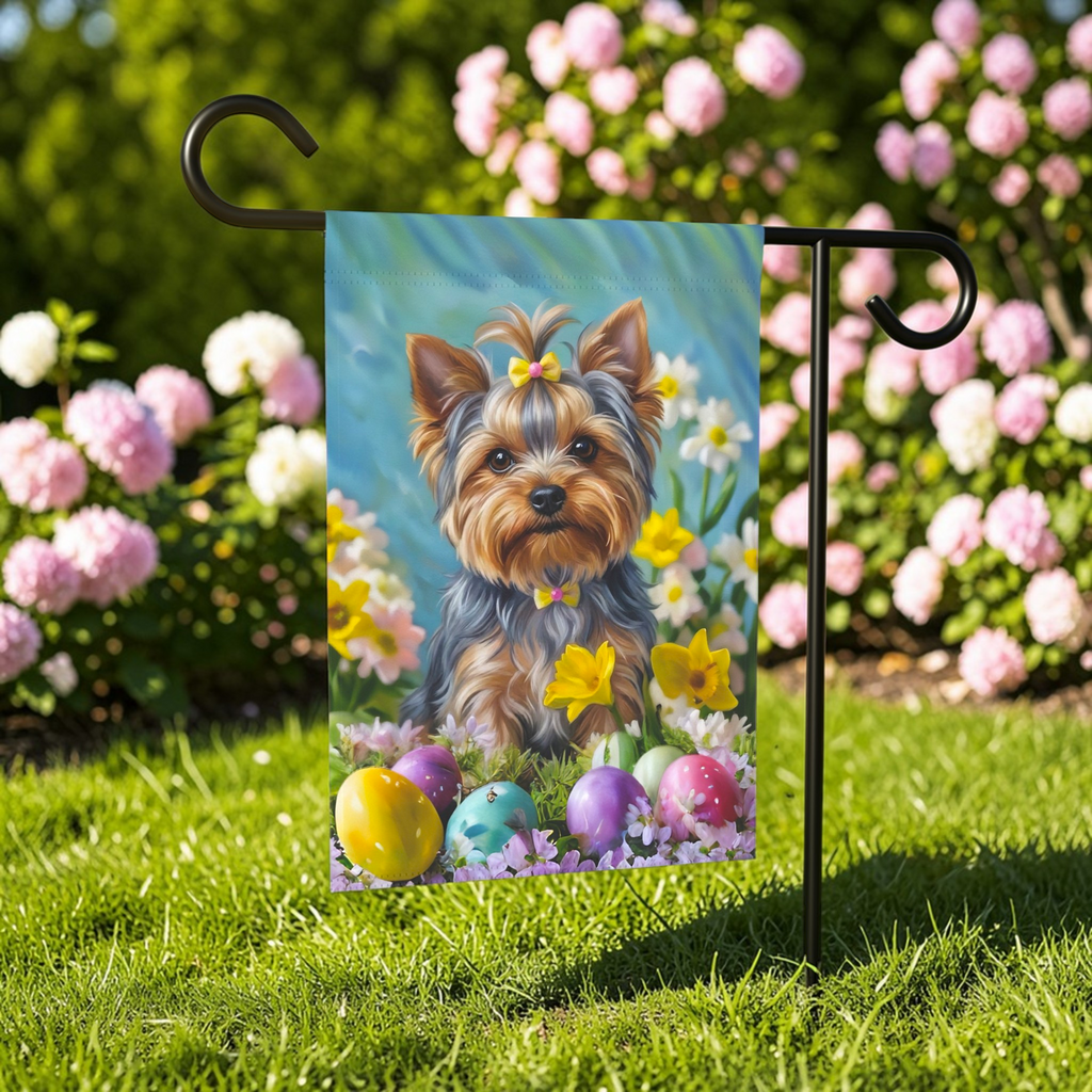 Yorkshire Terrier Flowers and Easter Eggs Garden Flag