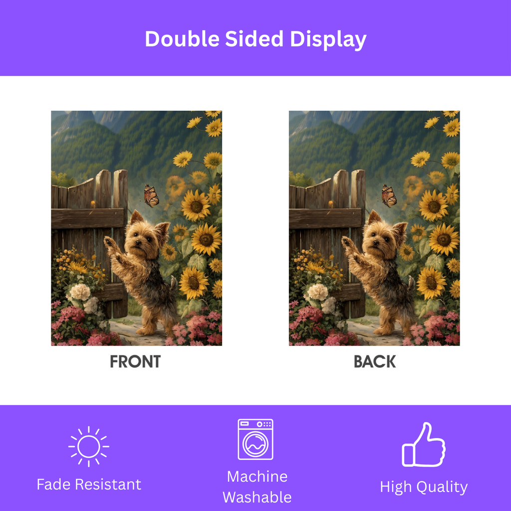 Yorkie and Sunflowers Garden Flag - double-sided design - Dragonfire Gardens
