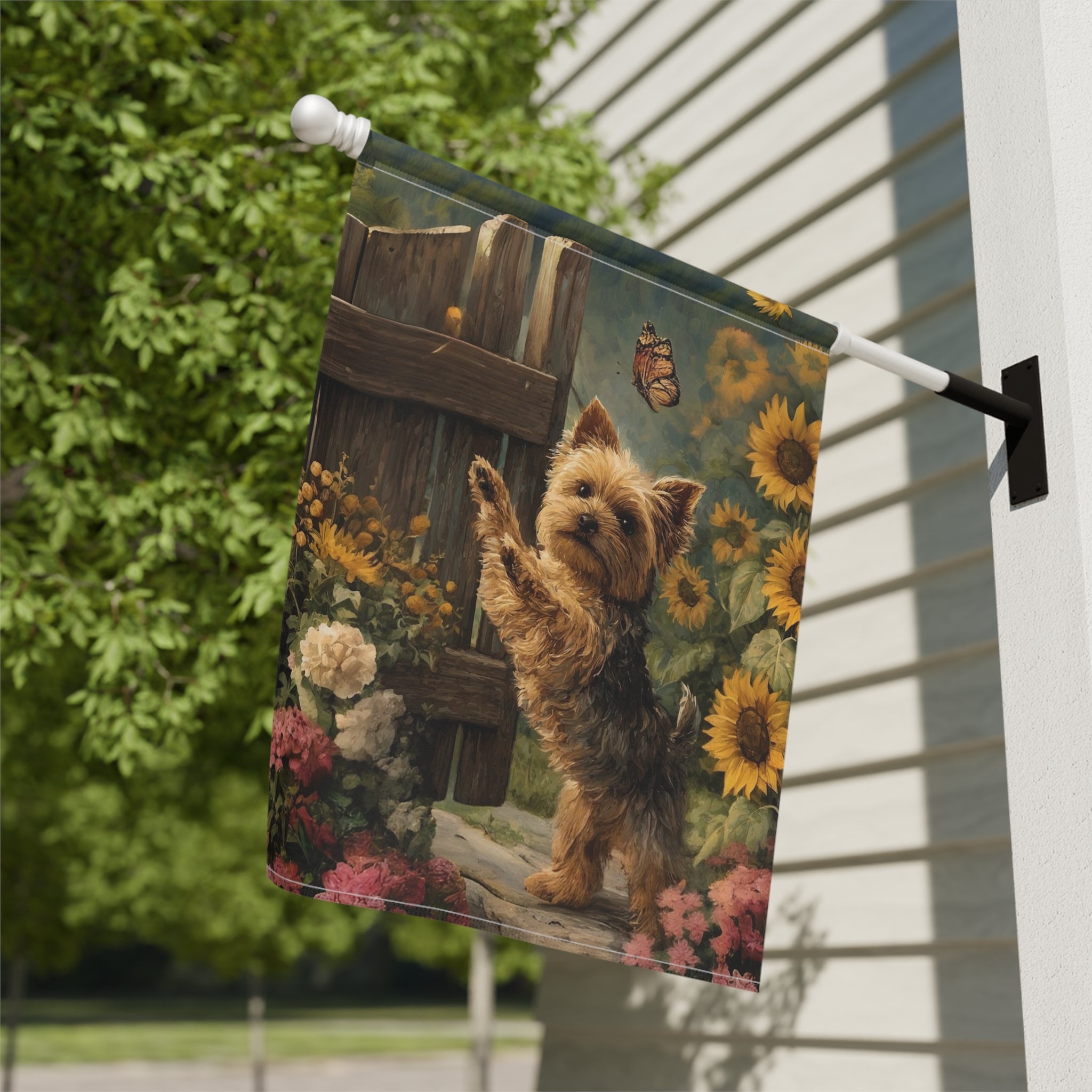 Yorkie and Sunflowers Garden Flag - close-up detail - Dragonfire Gardens