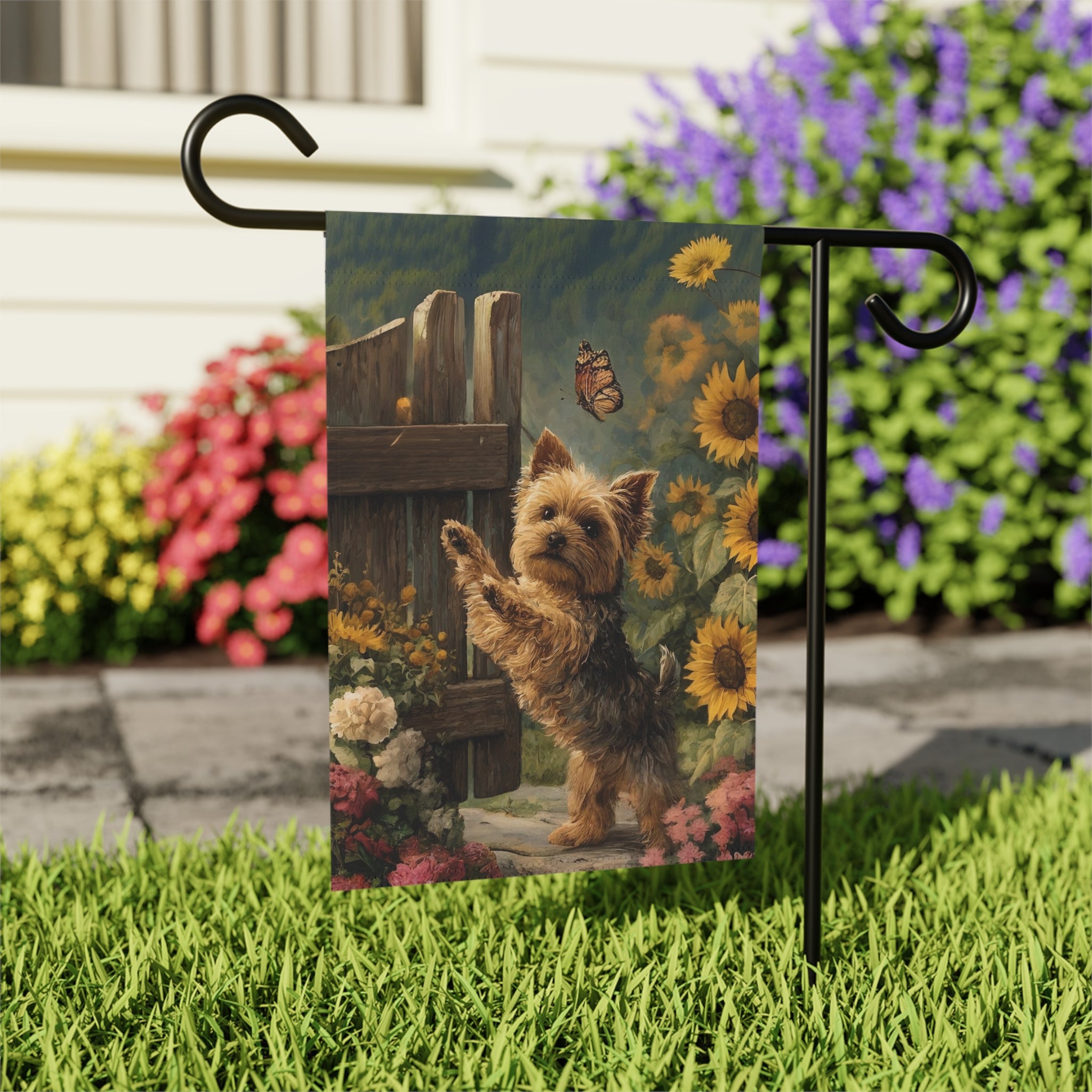 Yorkie and Sunflowers Garden Flag - outdoor display - Dragonfire Gardens