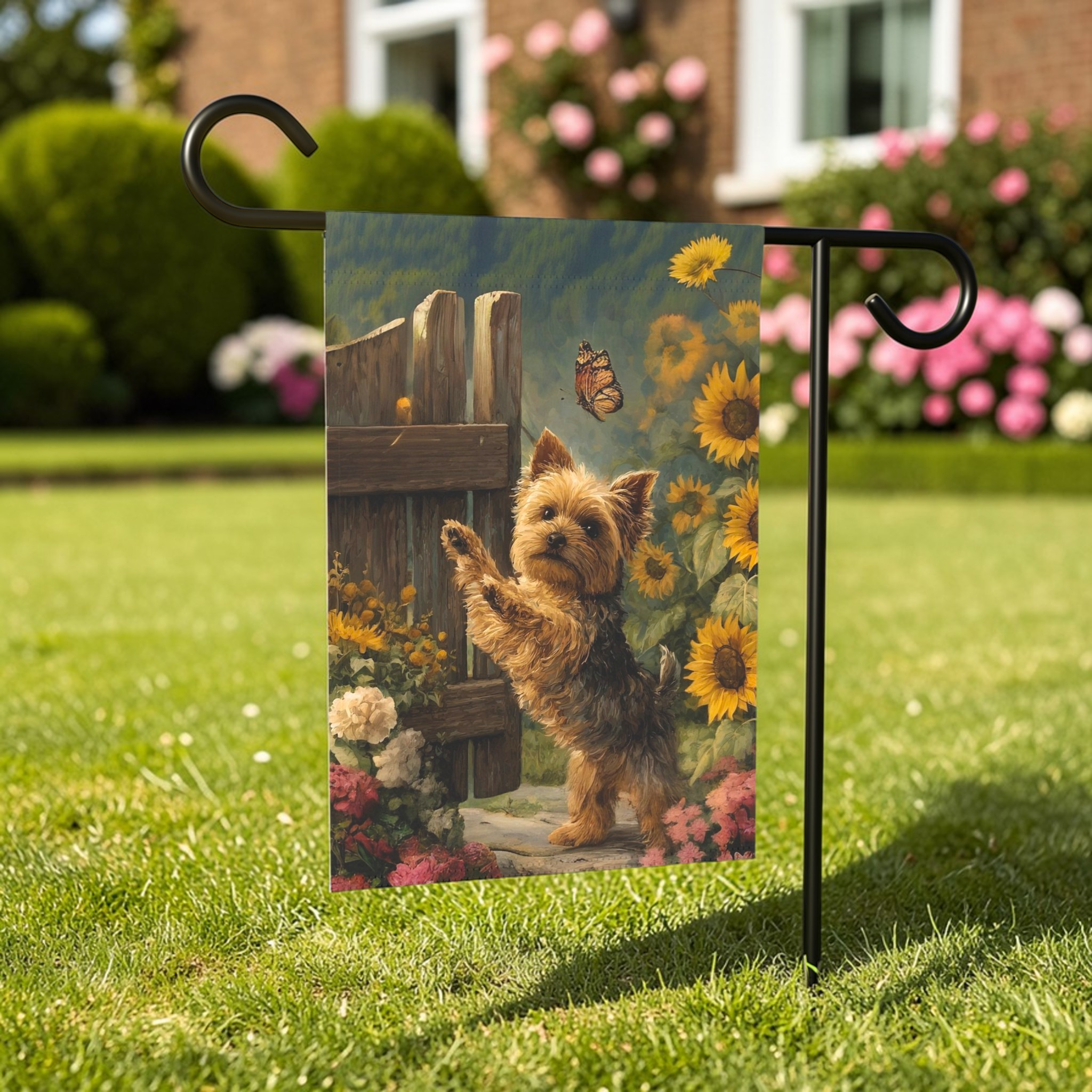 Yorkie and Sunflowers Garden Flag - front view - Dragonfire Gardens