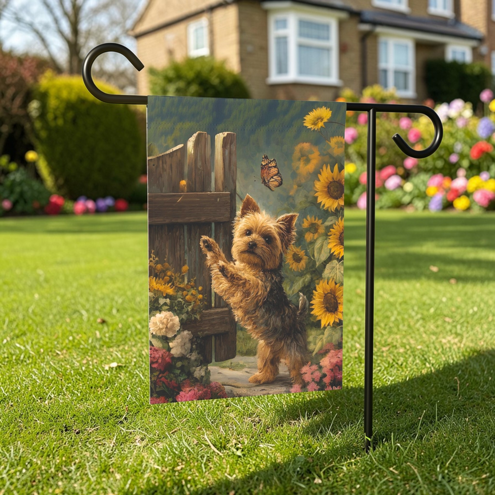 Yorkie and Sunflowers Garden Flag - size comparison - Dragonfire Gardens