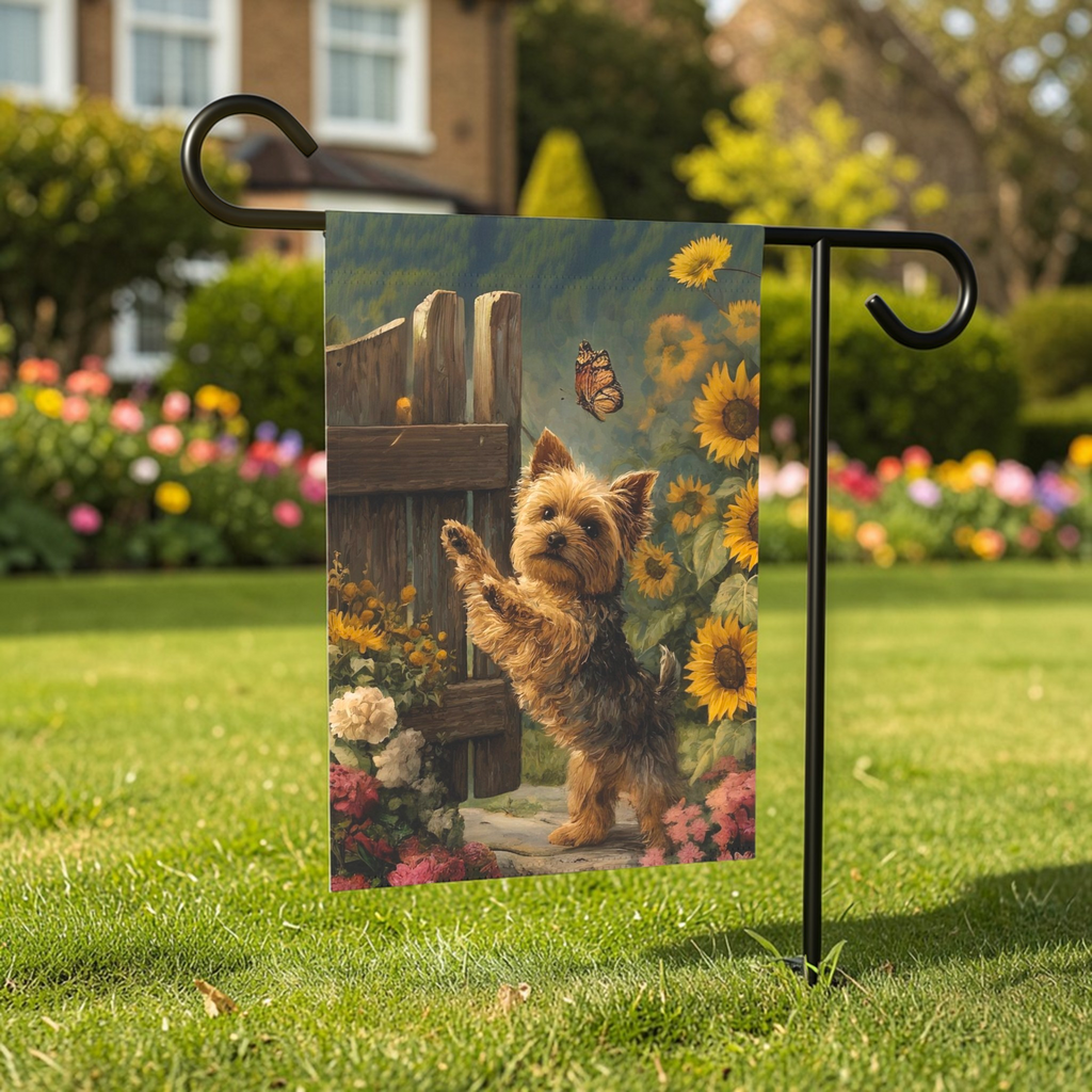 Yorkie and Sunflowers Garden Flag - lifestyle display - Dragonfire Gardens