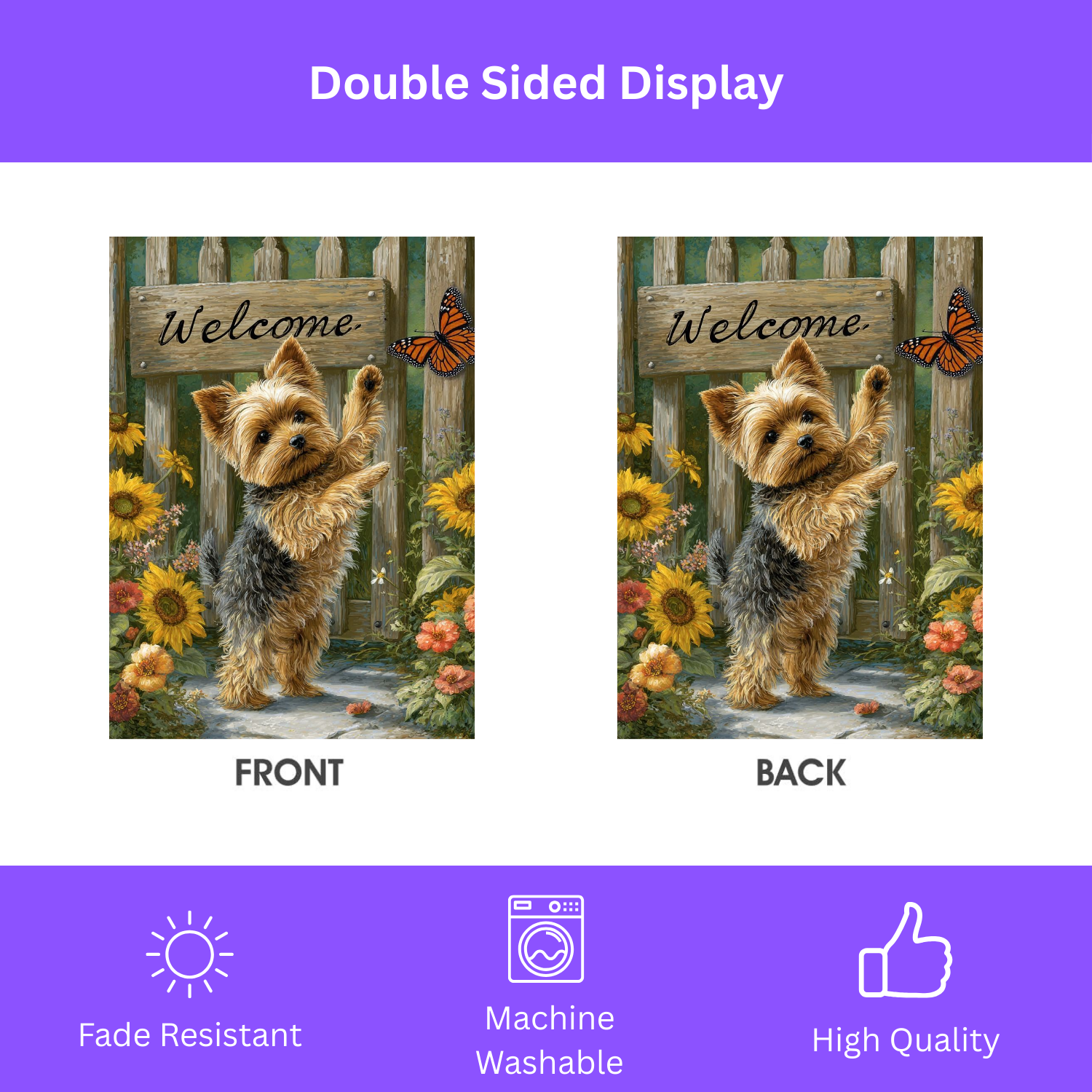 Yorkie and Butterfly Welcome Garden Flag - double-sided design - Dragonfire Gardens