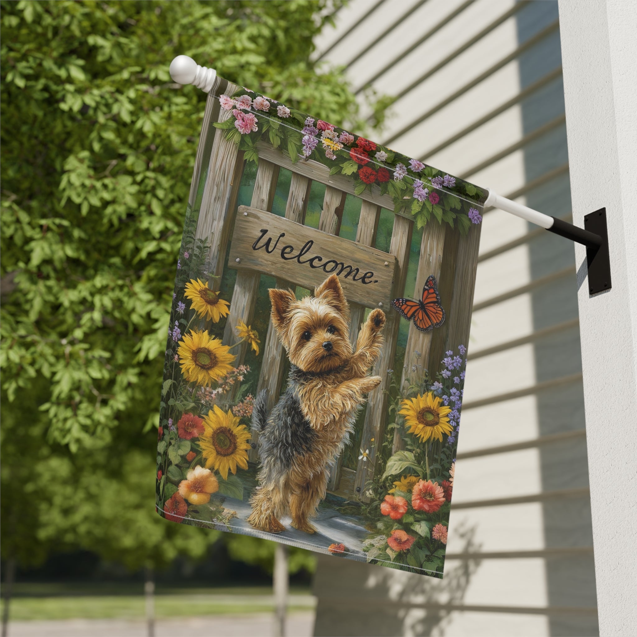 Yorkie and Butterfly Welcome Garden Flag - close-up detail - Dragonfire Gardens
