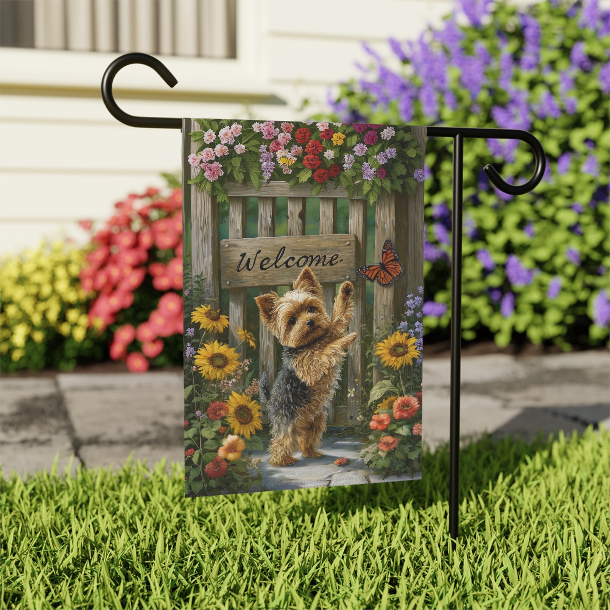 Yorkie and Butterfly Welcome Garden Flag - outdoor display - Dragonfire Gardens