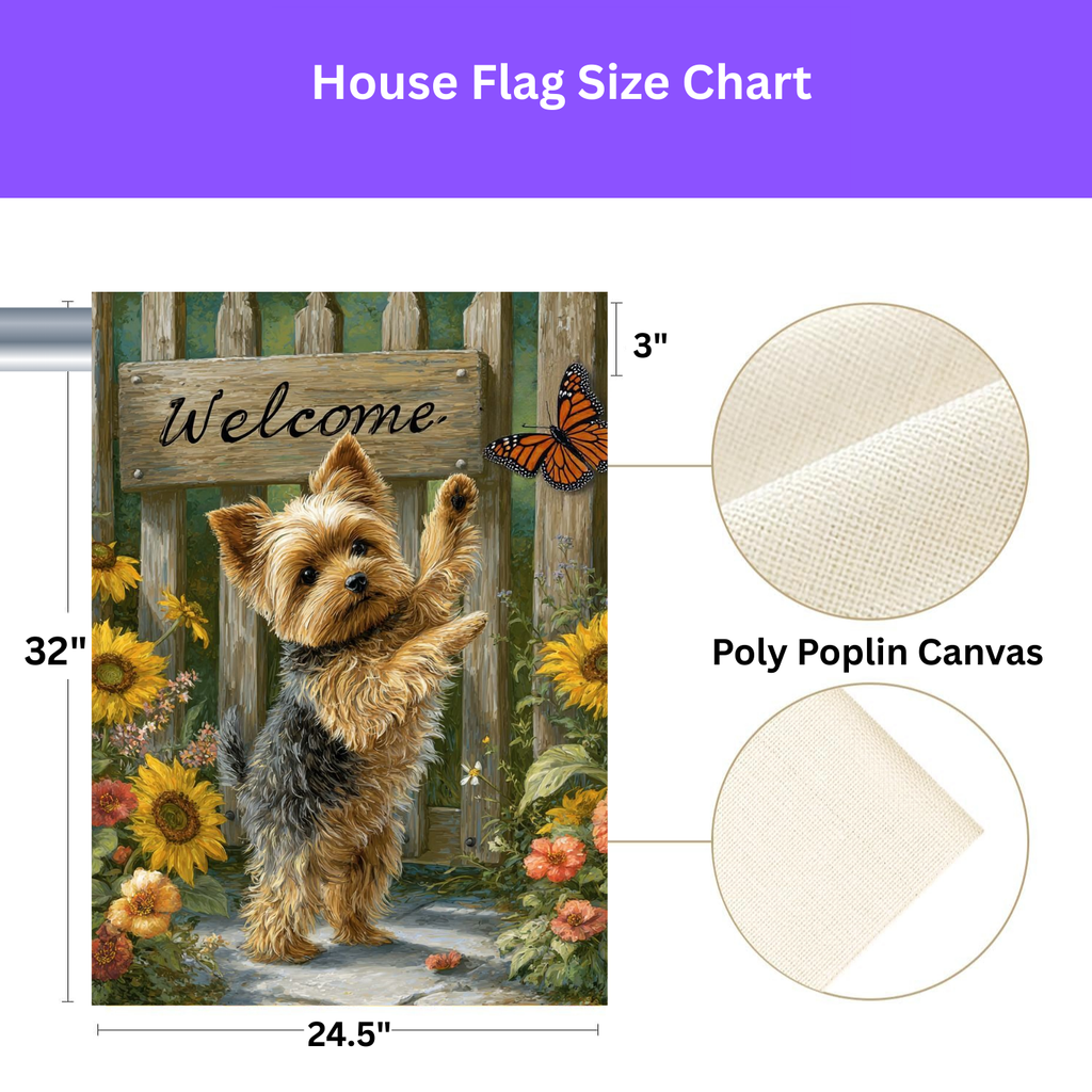 Yorkie and Butterfly Welcome Garden Flag - yard display - Dragonfire Gardens