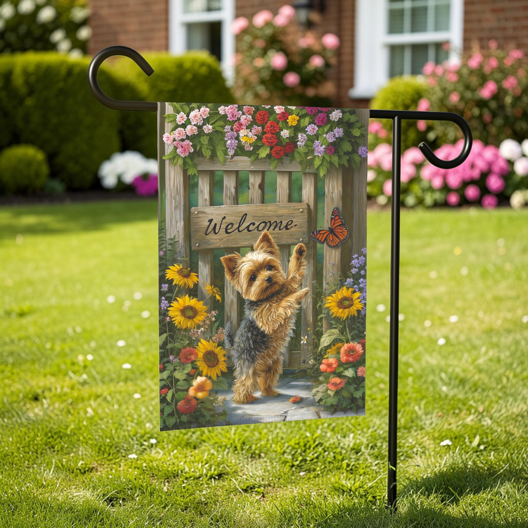 Yorkie and Butterfly Welcome Garden Flag - size comparison - Dragonfire Gardens