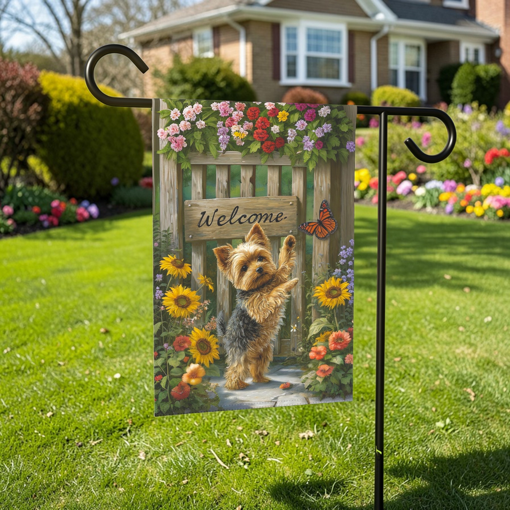 Yorkie and Butterfly Welcome Garden Flag - lifestyle display - Dragonfire Gardens