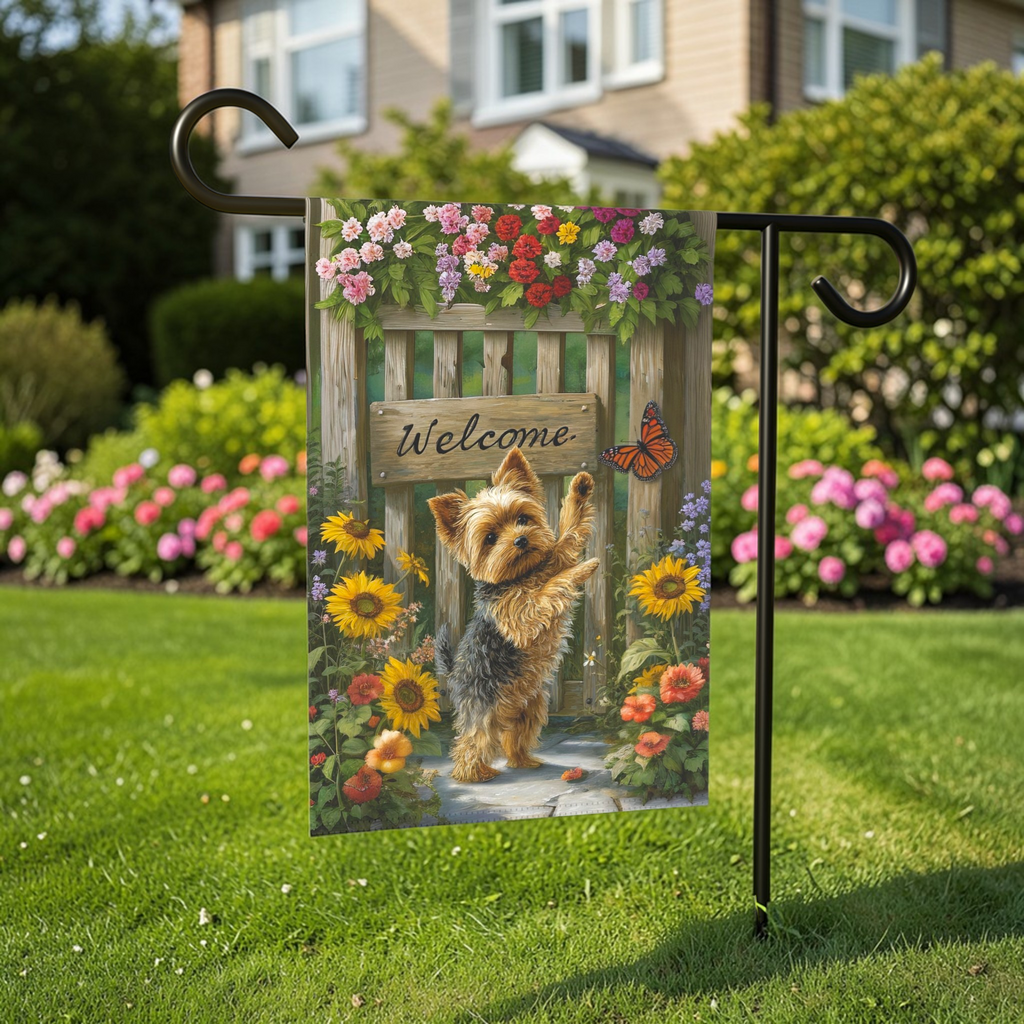 Yorkie and Butterfly Welcome Garden Flag - front view - Dragonfire Gardens
