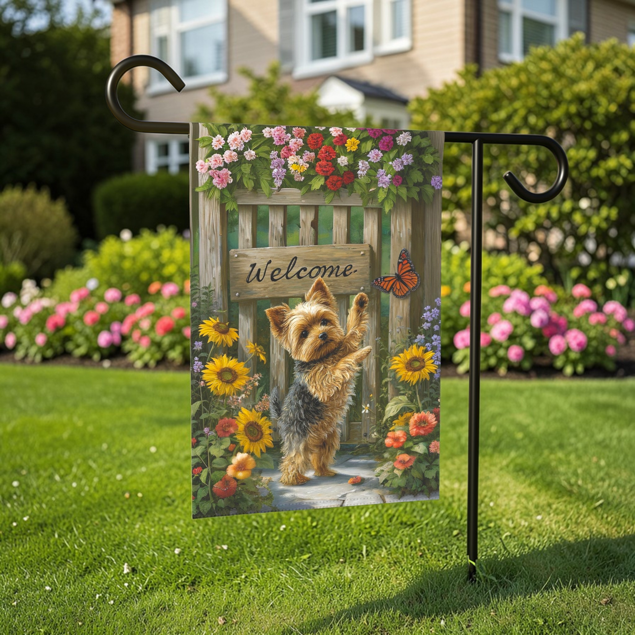 Yorkie and Butterfly Welcome Garden Flag - front view - Dragonfire Gardens