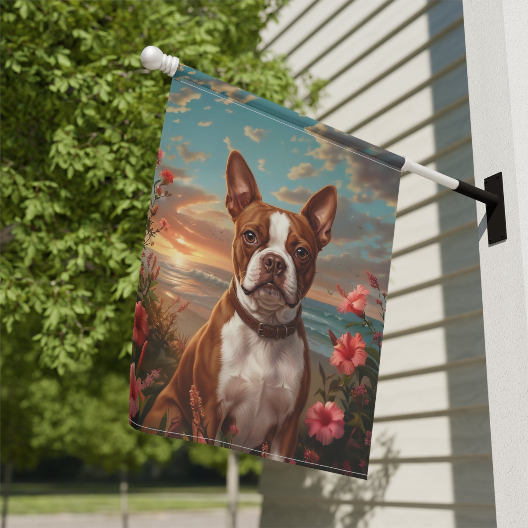 Tropical Sunset Red Boston Terrier Garden Flag - close-up detail - Dragonfire Gardens