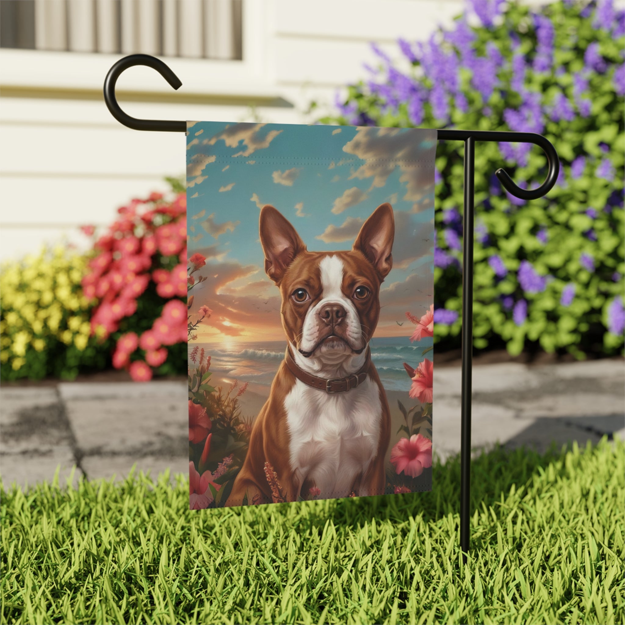 Tropical Sunset Red Boston Terrier Garden Flag