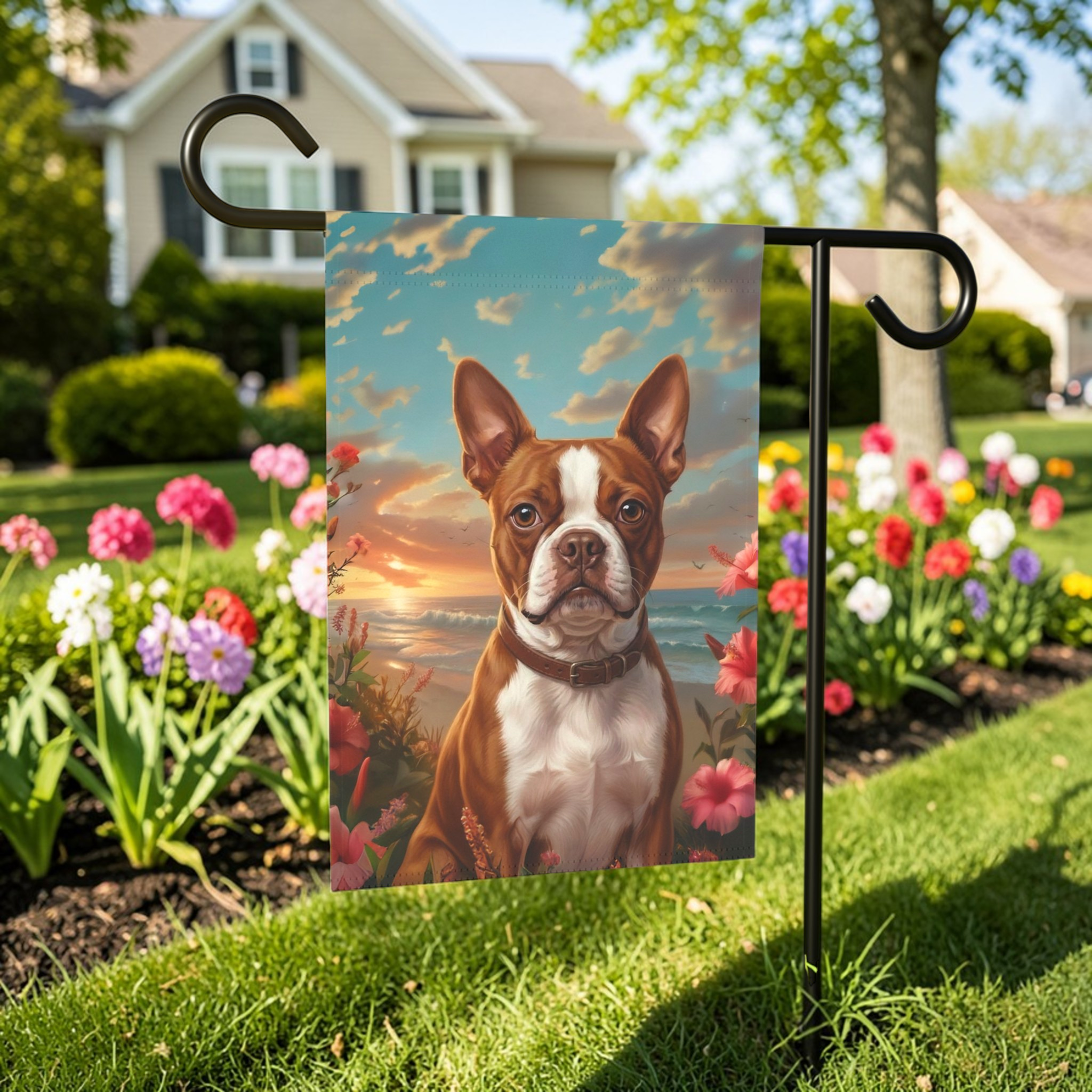 Tropical Sunset Red Boston Terrier Garden Flag