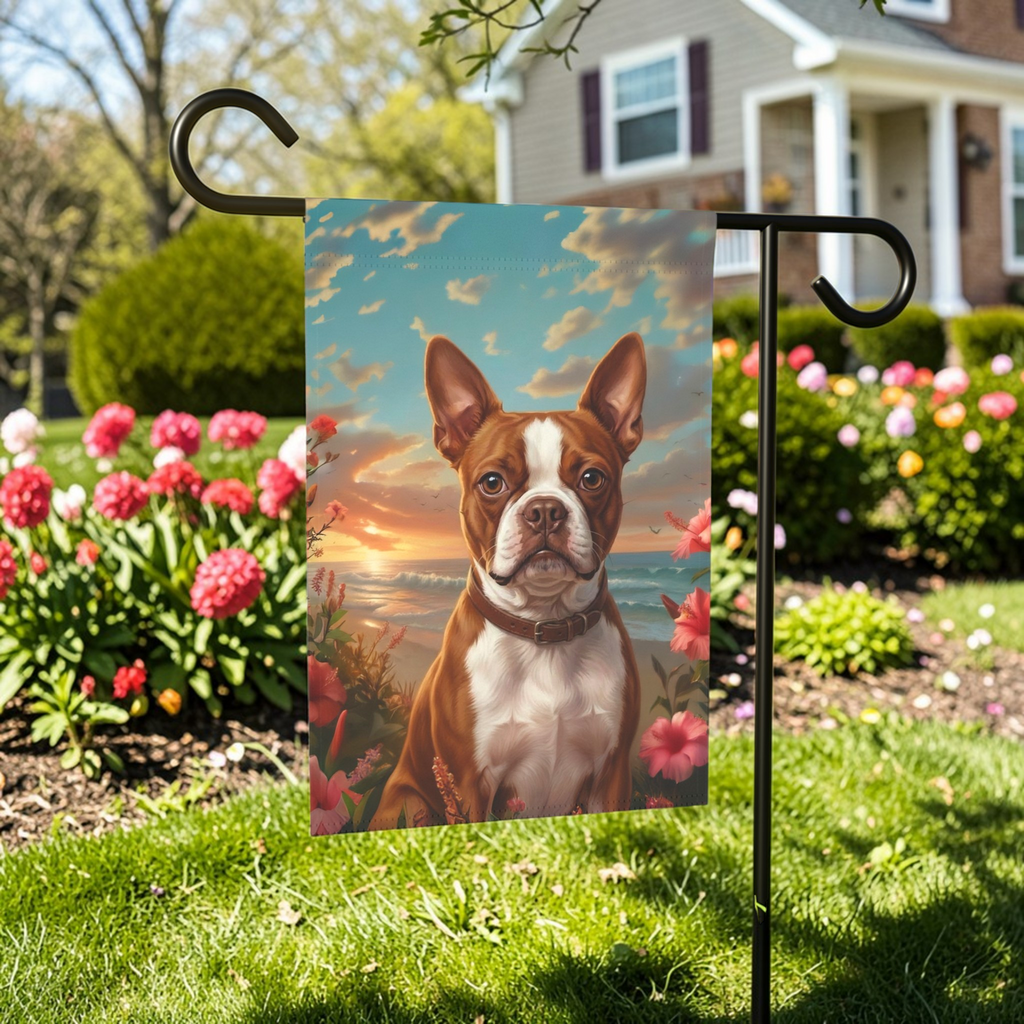 Tropical Sunset Red Boston Terrier Garden Flag