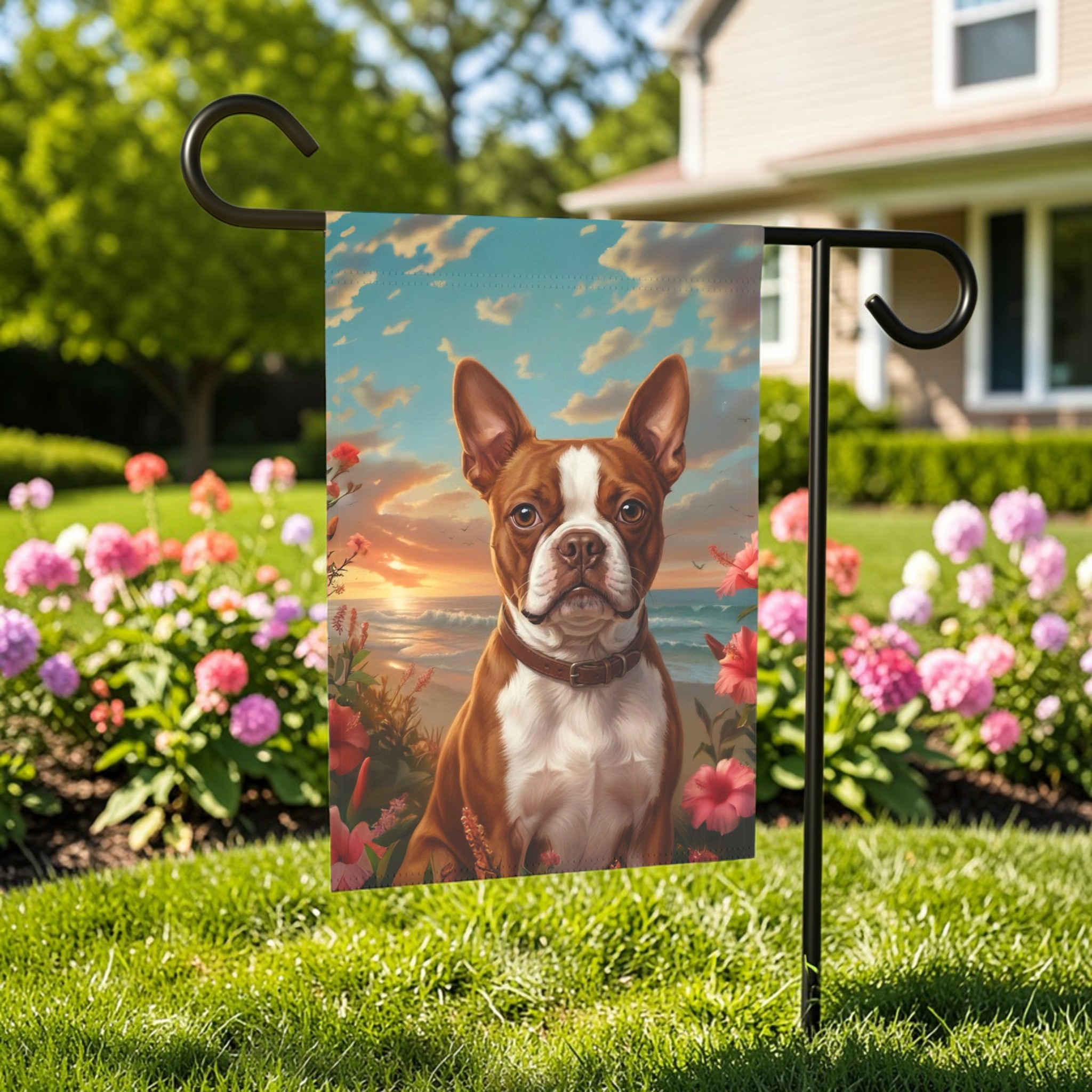 Tropical Sunset Red Boston Terrier Garden Flag