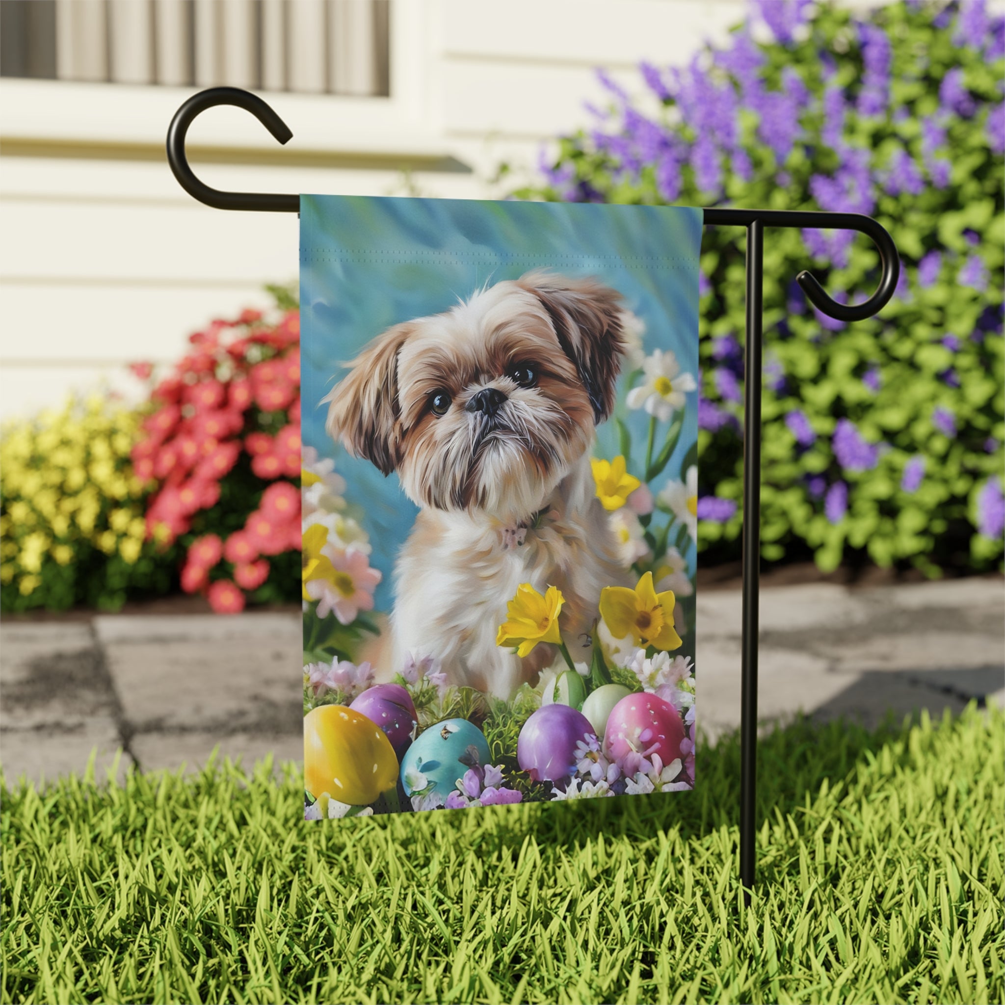 Shih Tzu Flowers and Easter Eggs Garden Flag