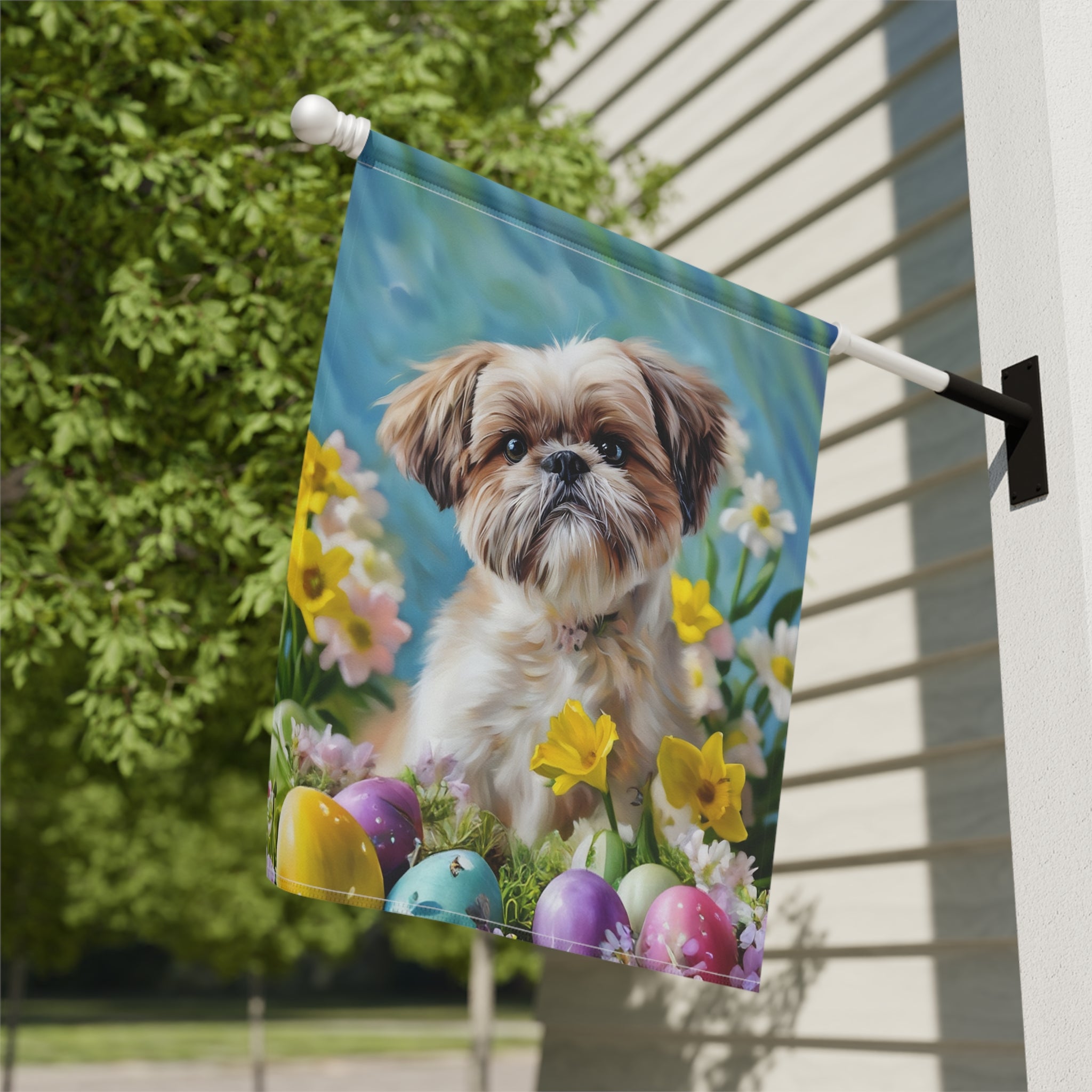 Shih Tzu Flowers and Easter Eggs Garden Flag