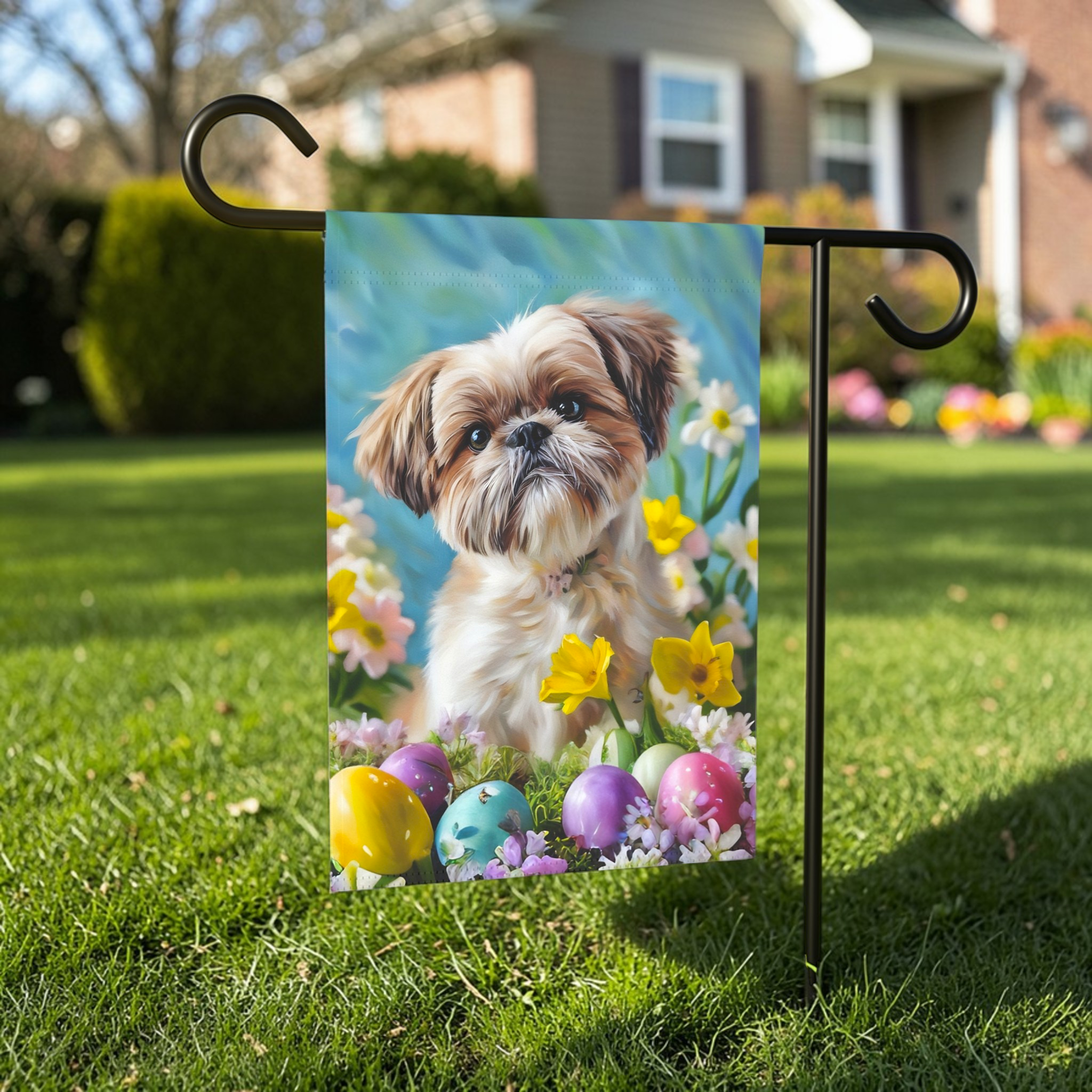 Shih Tzu Flowers and Easter Eggs Garden Flag