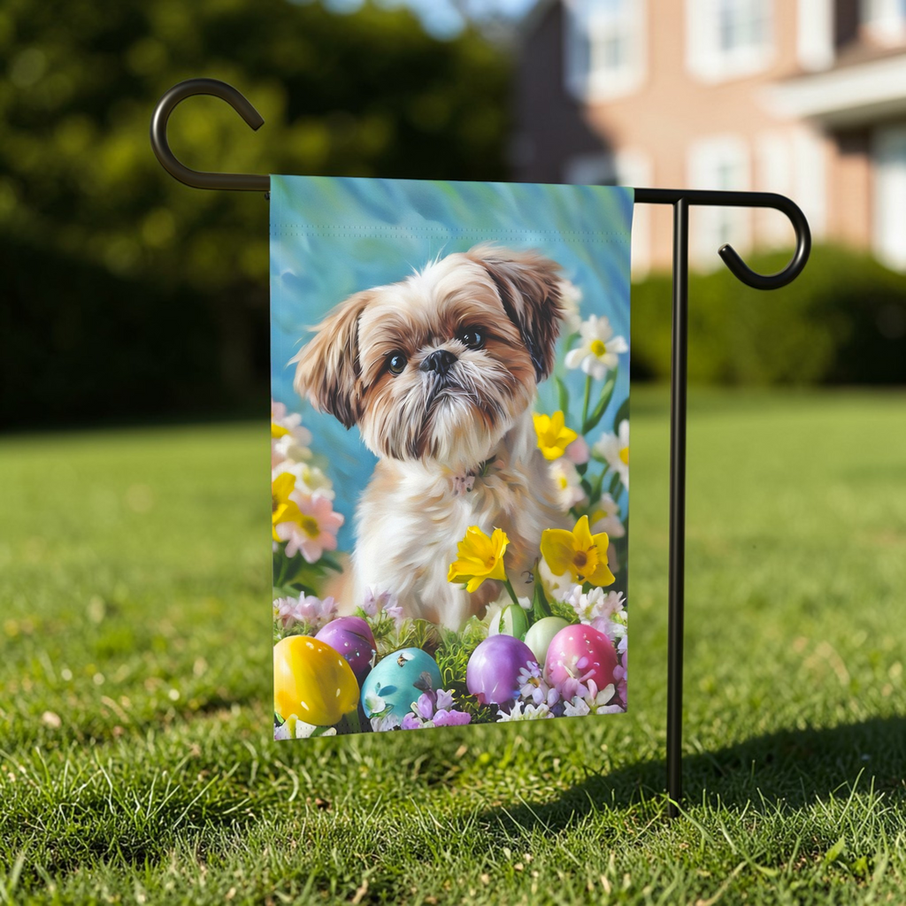 Shih Tzu Flowers and Easter Eggs Garden Flag