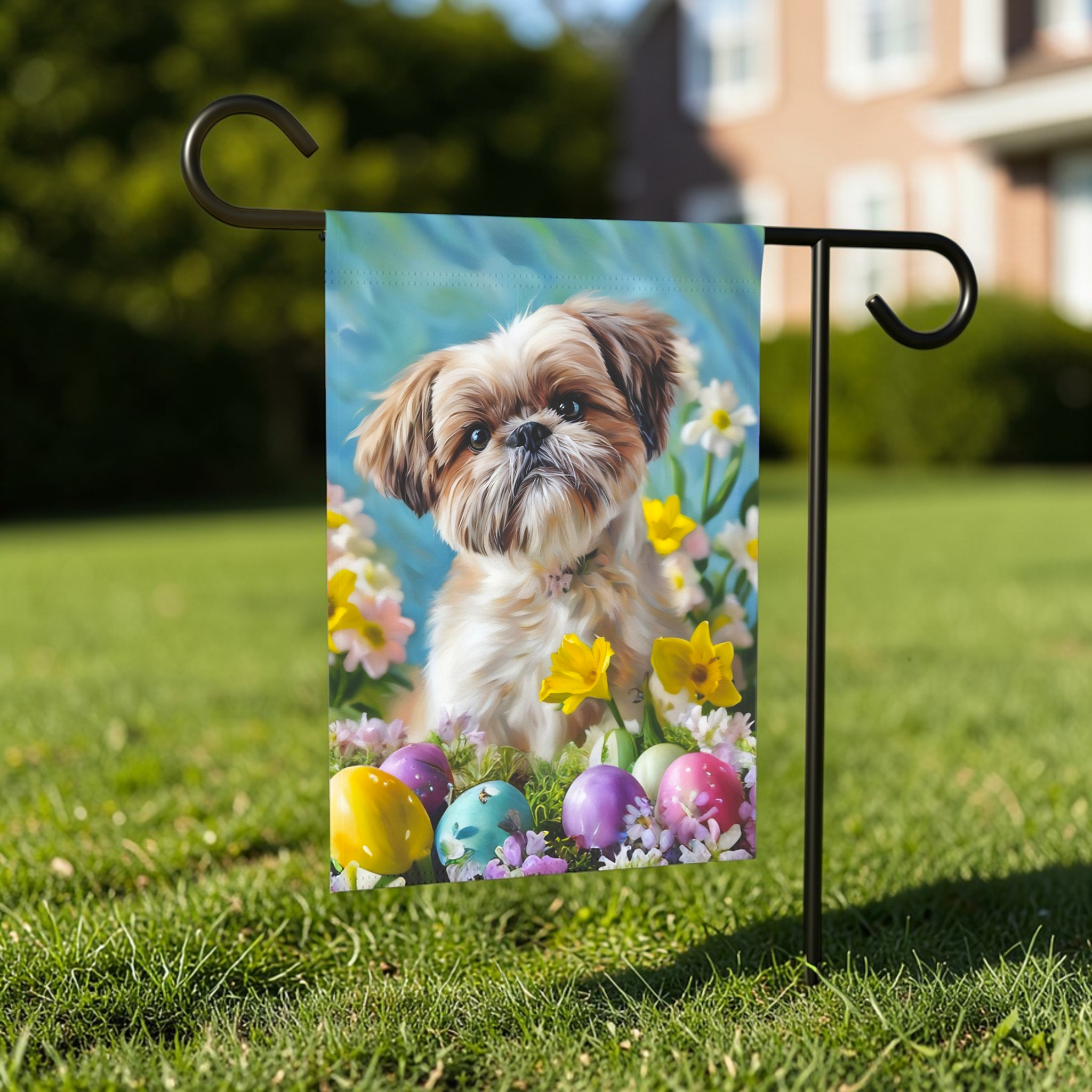 Shih Tzu Flowers and Easter Eggs Garden Flag