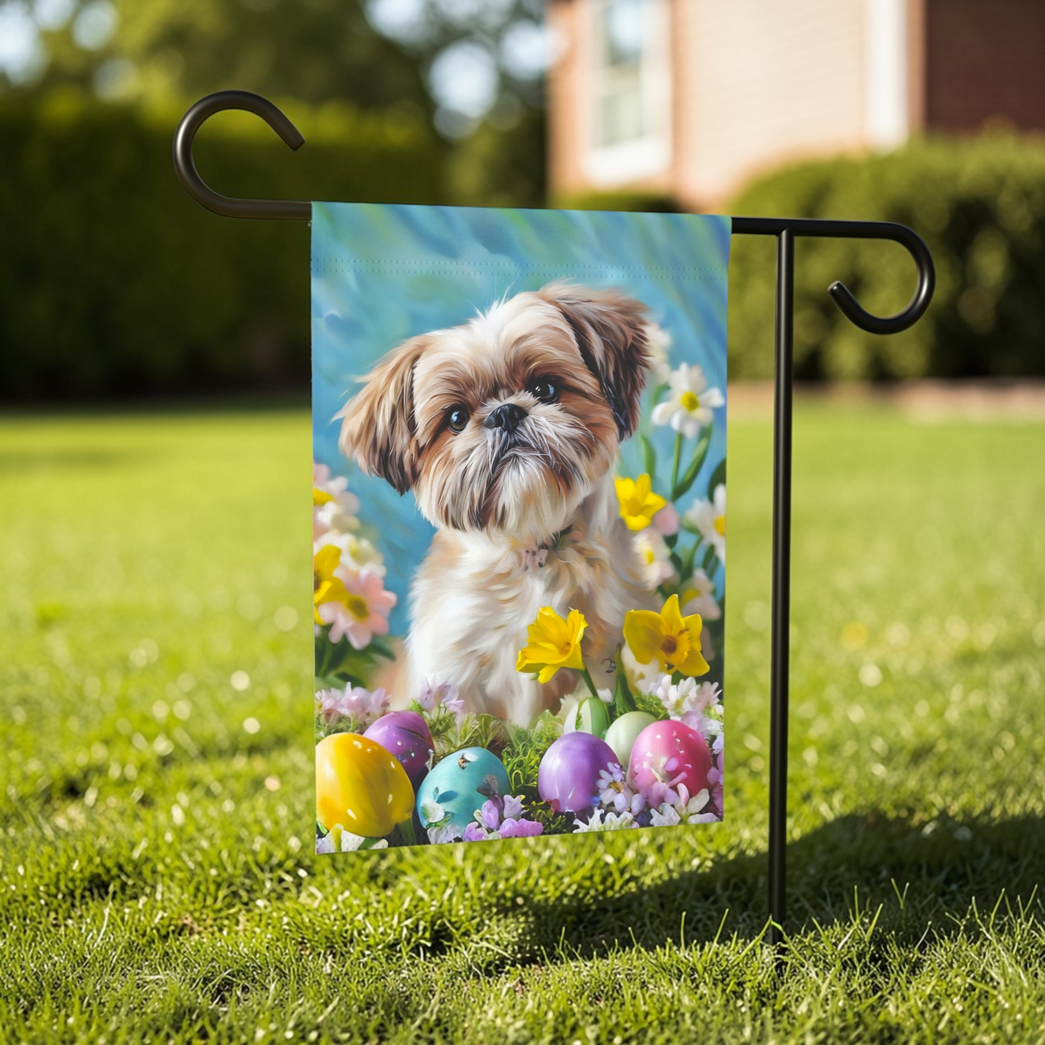 Shih Tzu Flowers and Easter Eggs Garden Flag