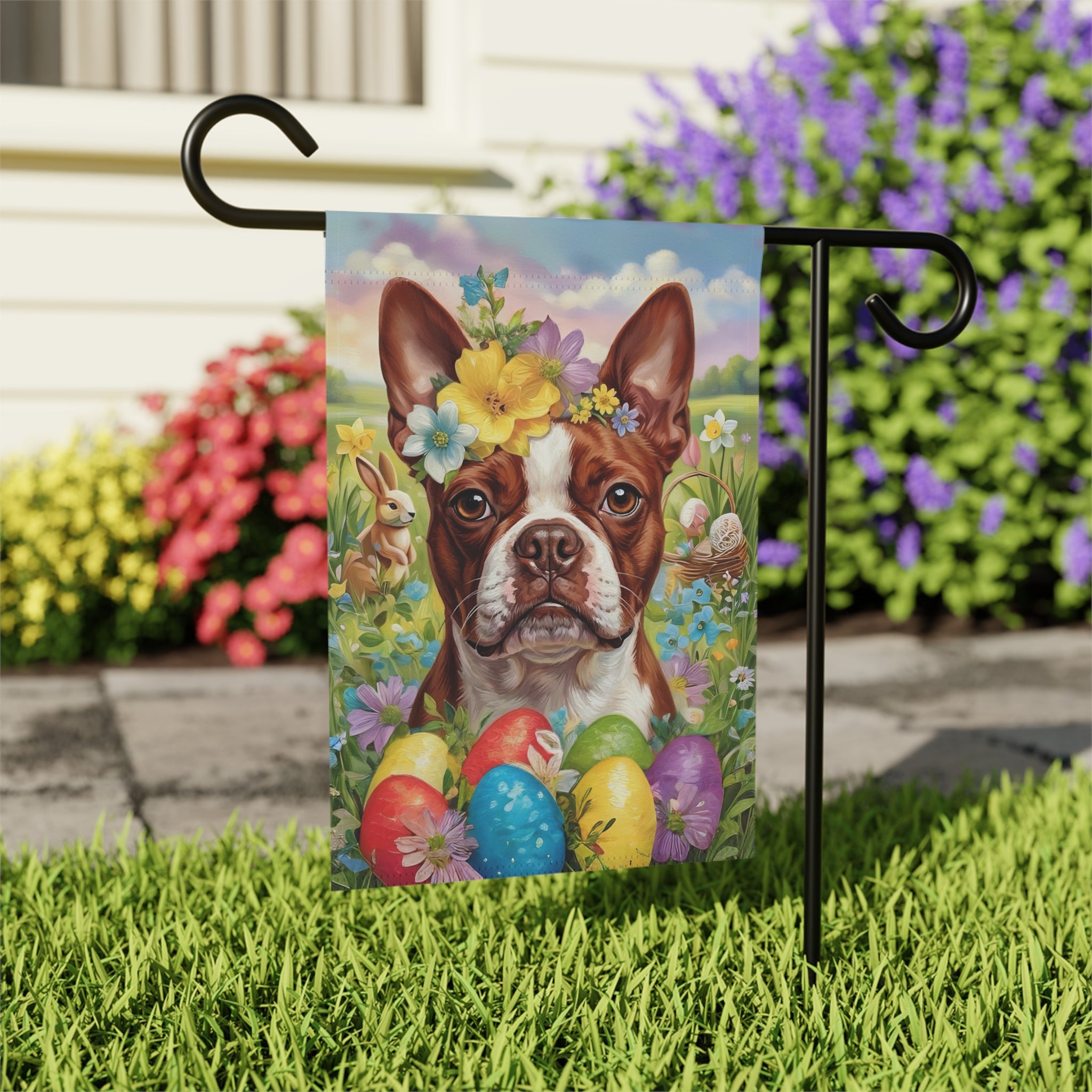 Red Boston Terrier Flowers and Eggs Easter Garden Flag
