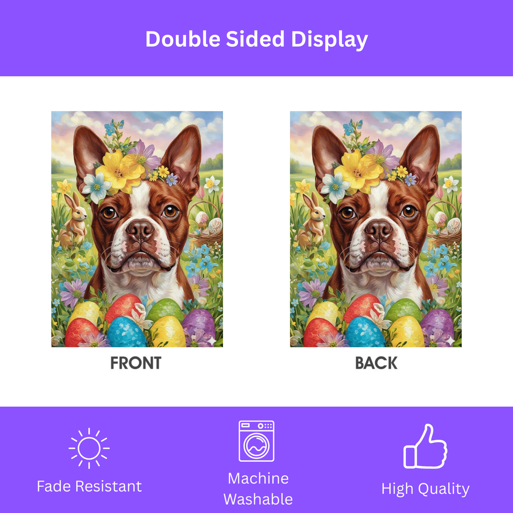 Red Boston Terrier Flowers and Eggs Easter Garden Flag