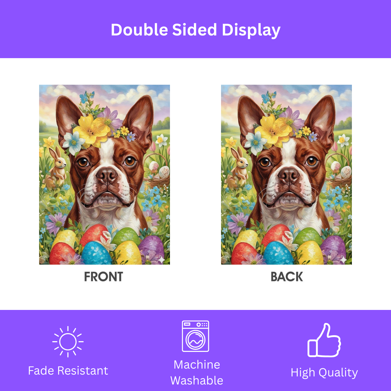 Red Boston Terrier Flowers and Eggs Easter Garden Flag