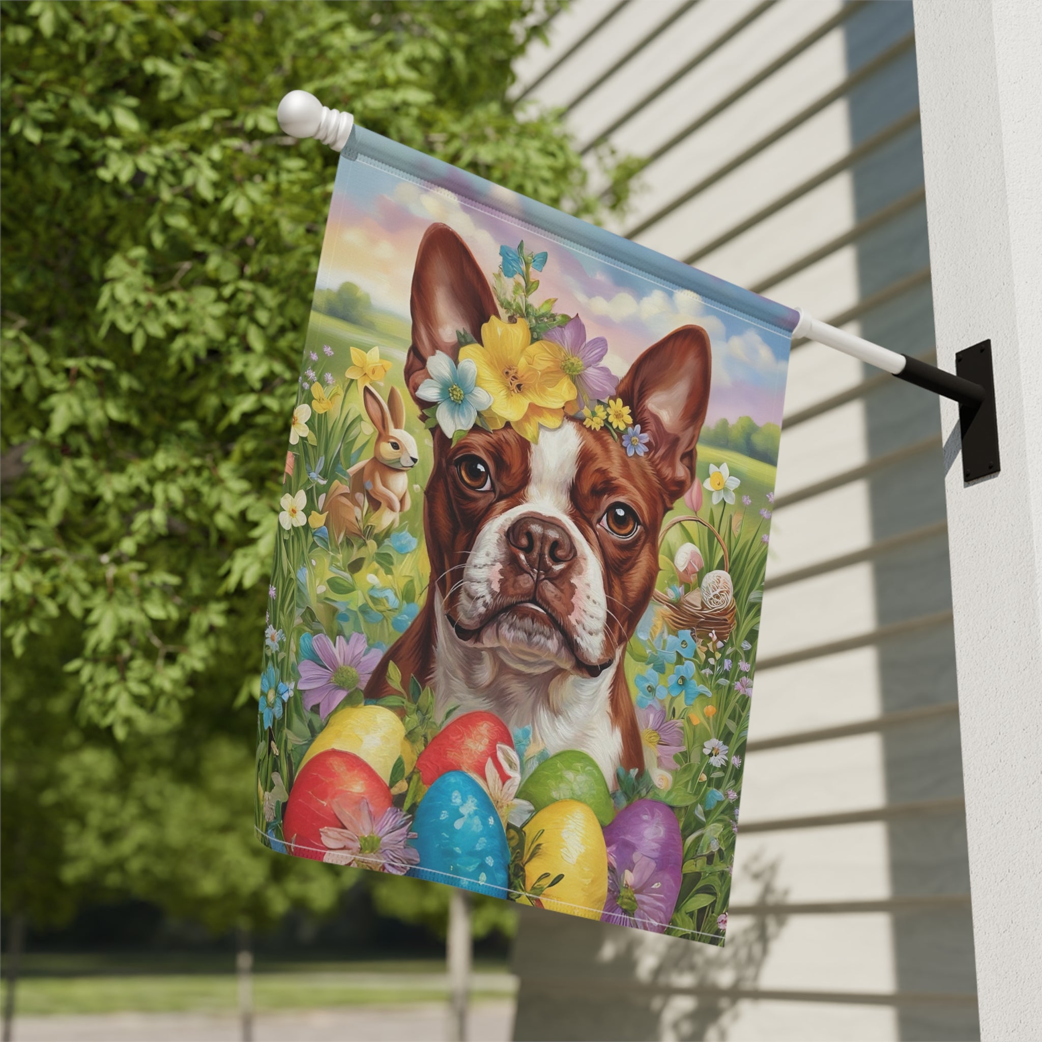 Red Boston Terrier Flowers and Eggs Easter Garden Flag
