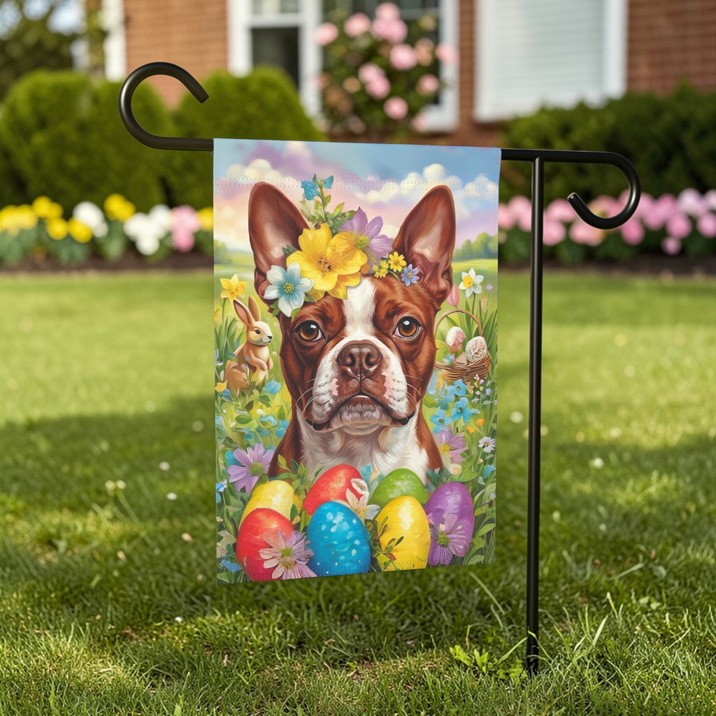 Red Boston Terrier Flowers and Eggs Easter Garden Flag