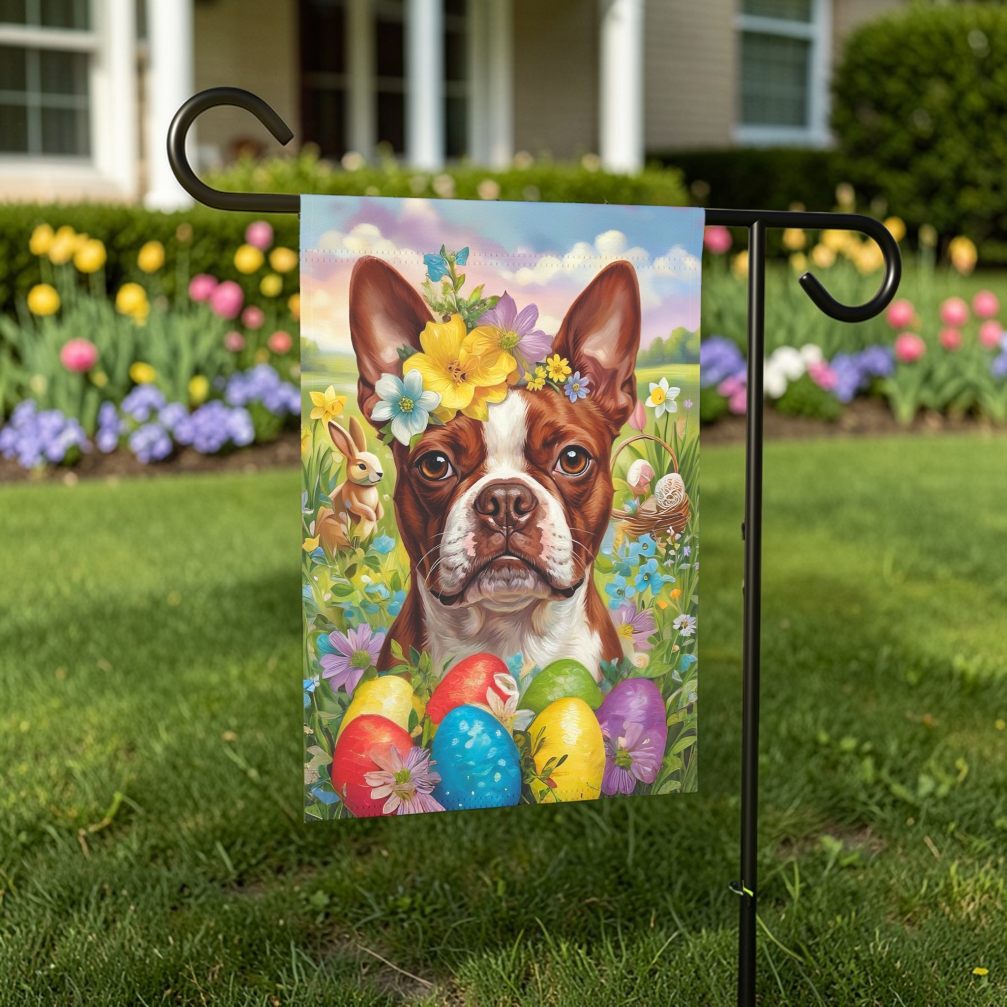 Red Boston Terrier Flowers and Eggs Easter Garden Flag