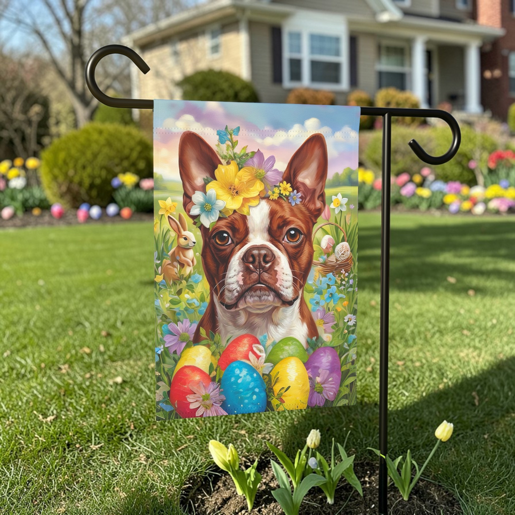 Red Boston Terrier Flowers and Eggs Easter Garden Flag