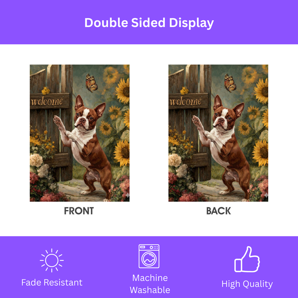 Red Boston Terrier and Sunflowers Garden Flag - double-sided design - Dragonfire Gardens