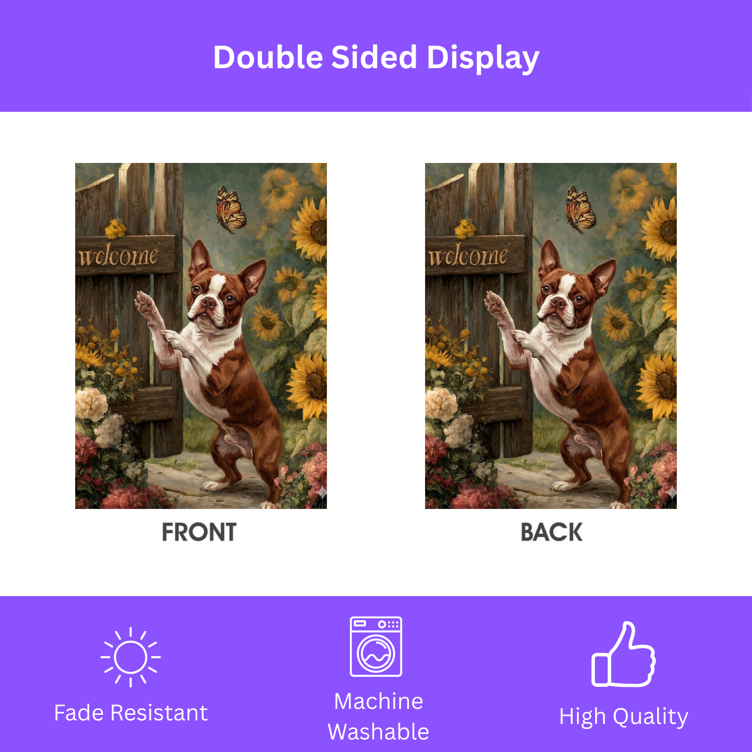 Red Boston Terrier and Sunflowers Garden Flag - double-sided design - Dragonfire Gardens