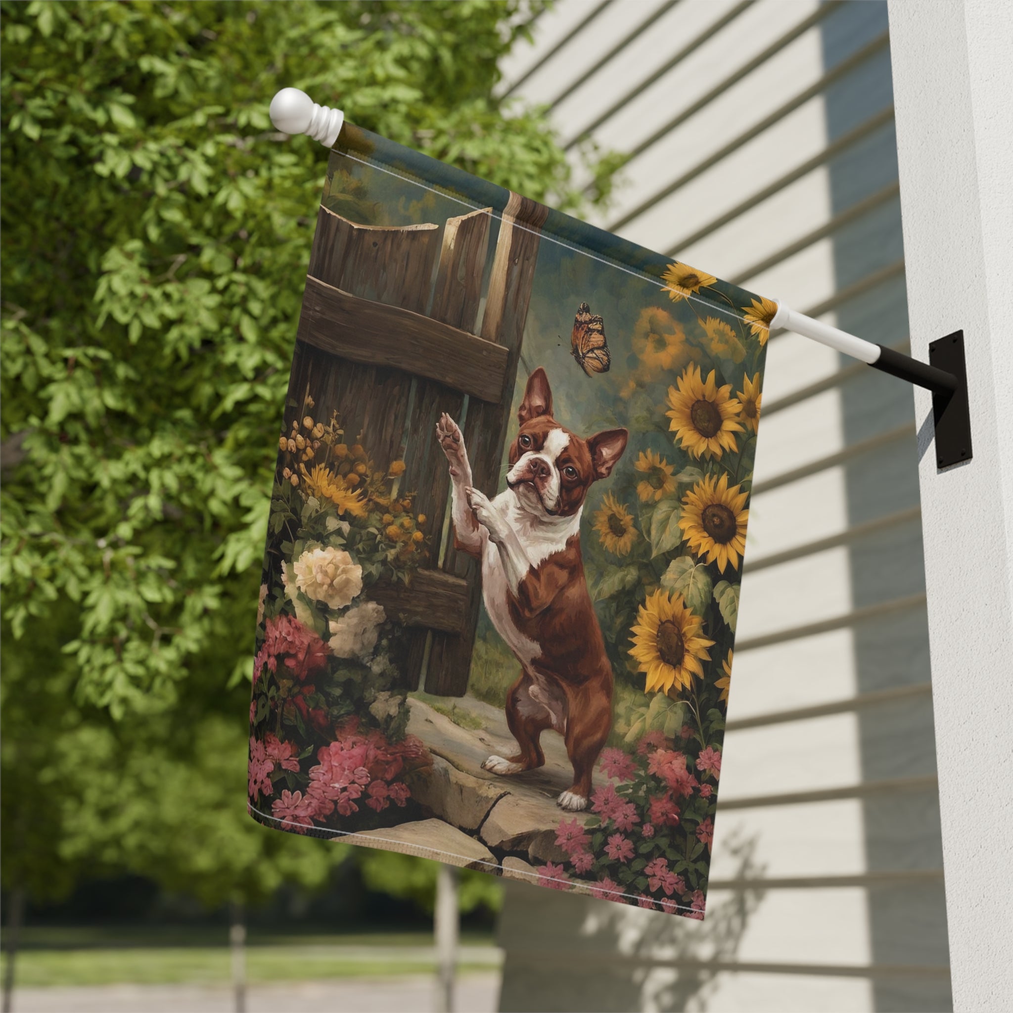 Red Boston Terrier and Sunflowers Garden Flag - close-up detail - Dragonfire Gardens