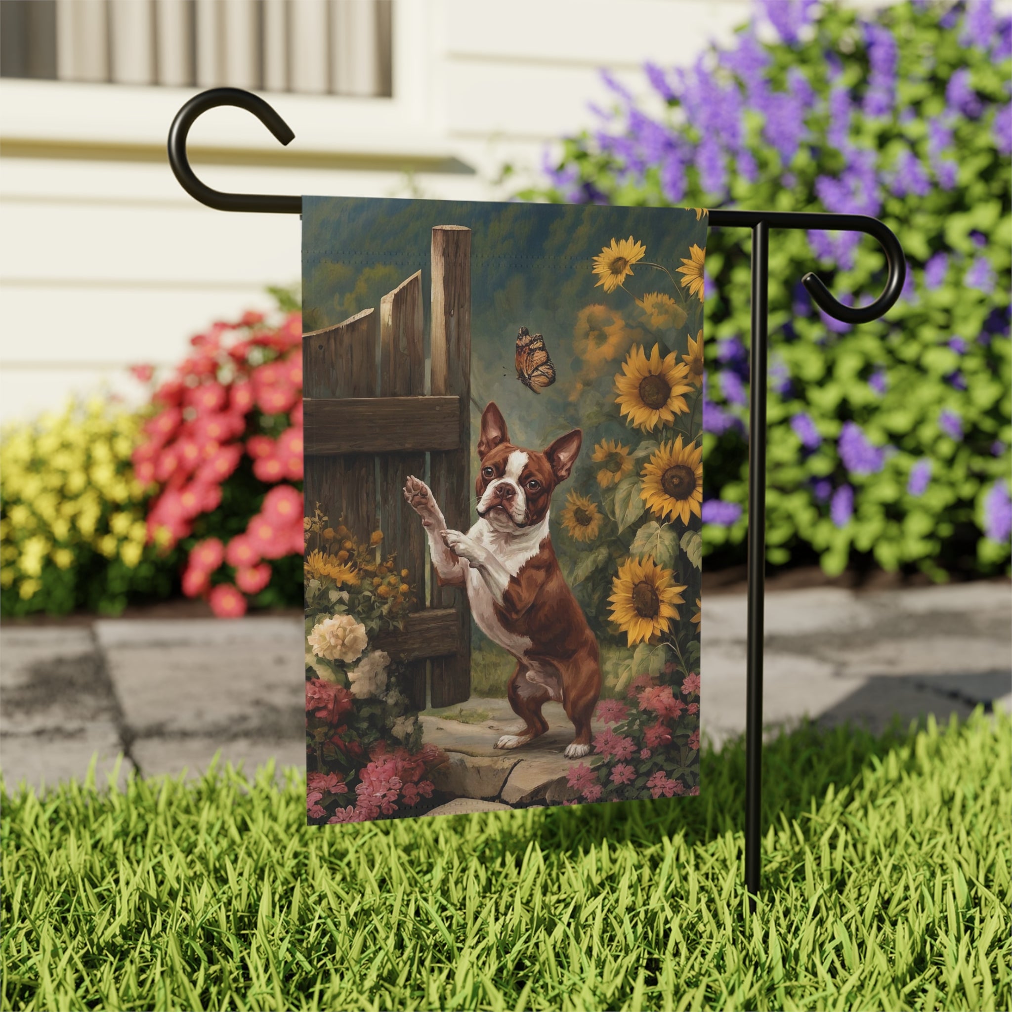 Red Boston Terrier and Sunflowers Garden Flag - outdoor display - Dragonfire Gardens