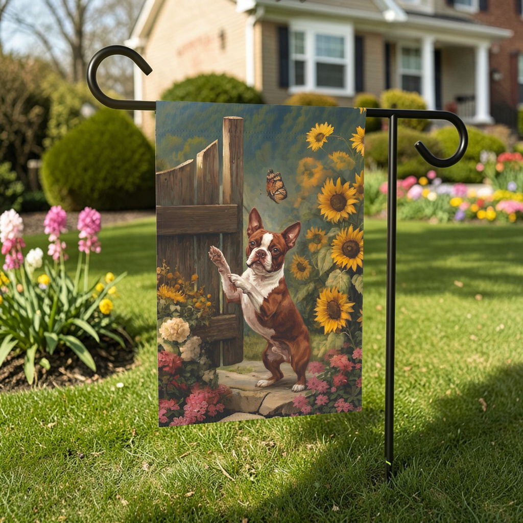 Red Boston Terrier and Sunflowers Garden Flag - front view - Dragonfire Gardens