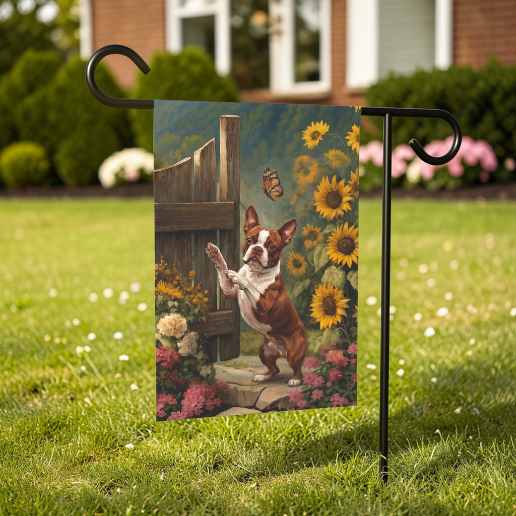Red Boston Terrier and Sunflowers Garden Flag - size comparison - Dragonfire Gardens