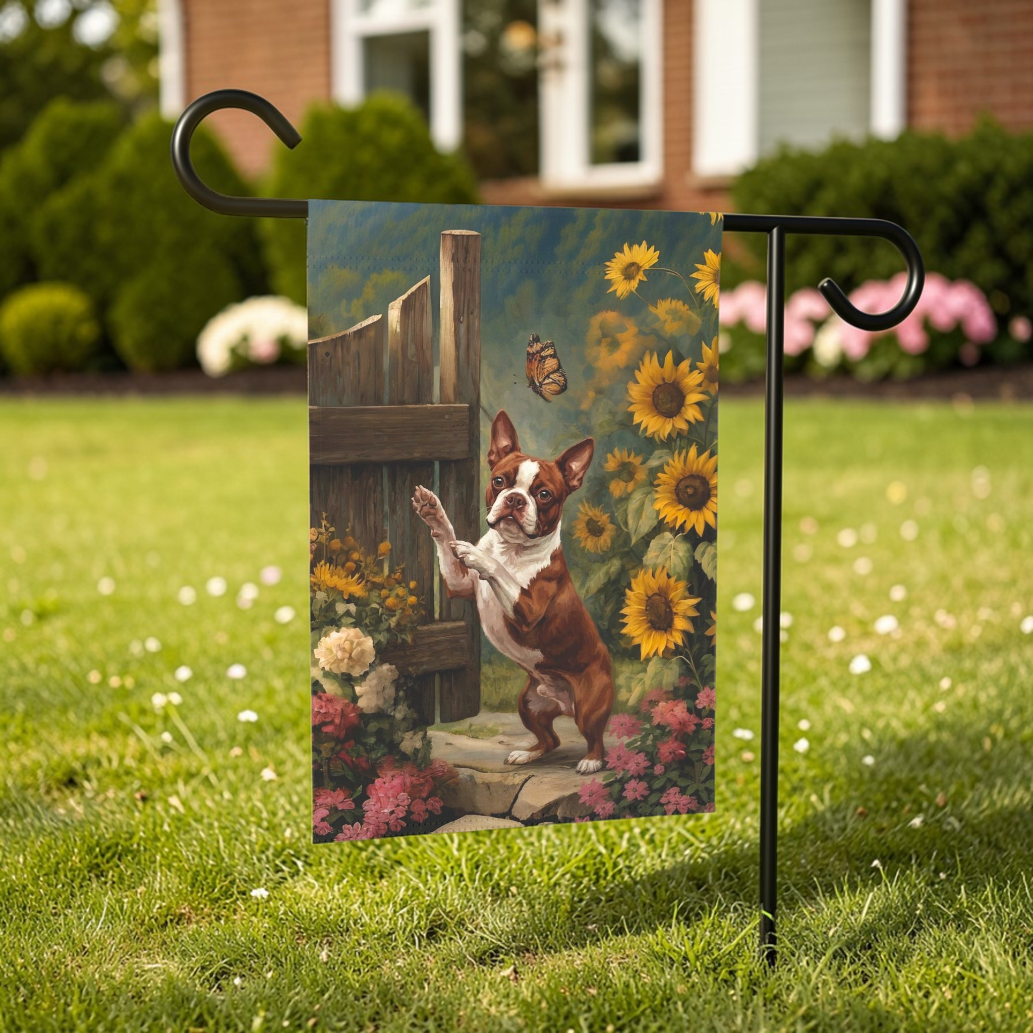Red Boston Terrier and Sunflowers Garden Flag - size comparison - Dragonfire Gardens