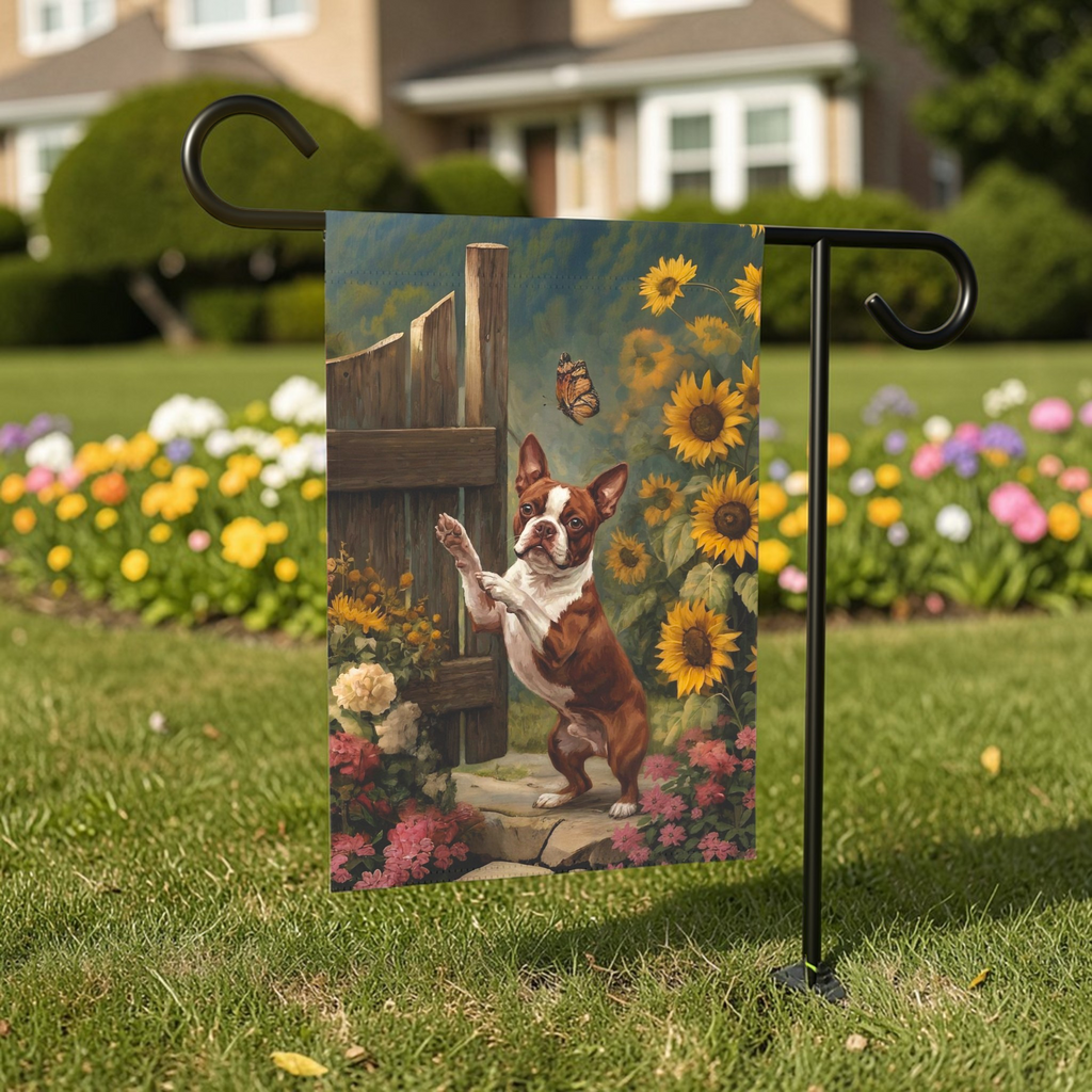 Red Boston Terrier and Sunflowers Garden Flag - lifestyle display - Dragonfire Gardens