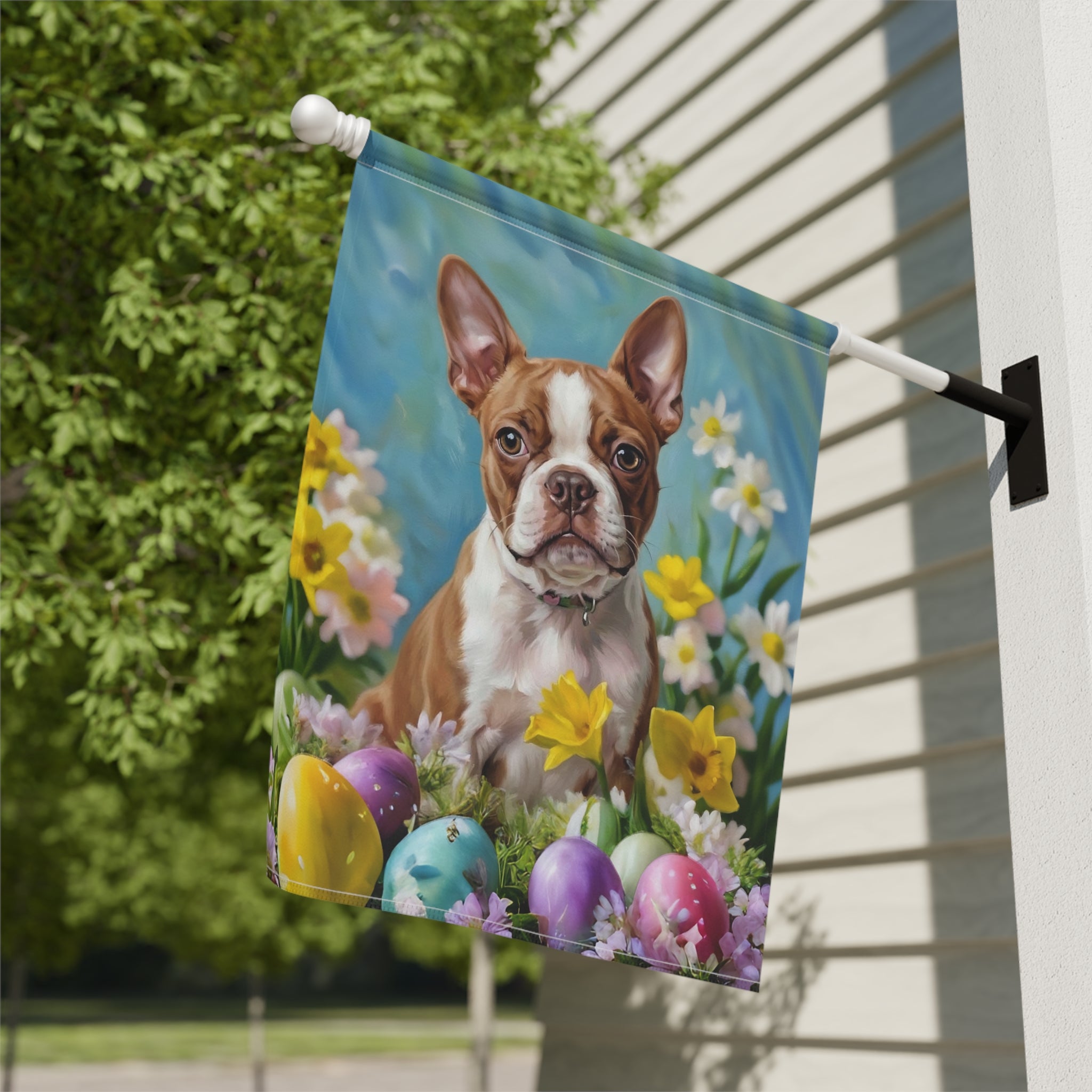 Red Boston Terrier Flowers and Easter Eggs Garden Flag
