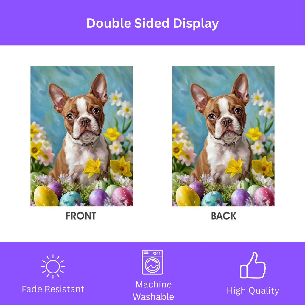 Red Boston Terrier Flowers and Easter Eggs Garden Flag