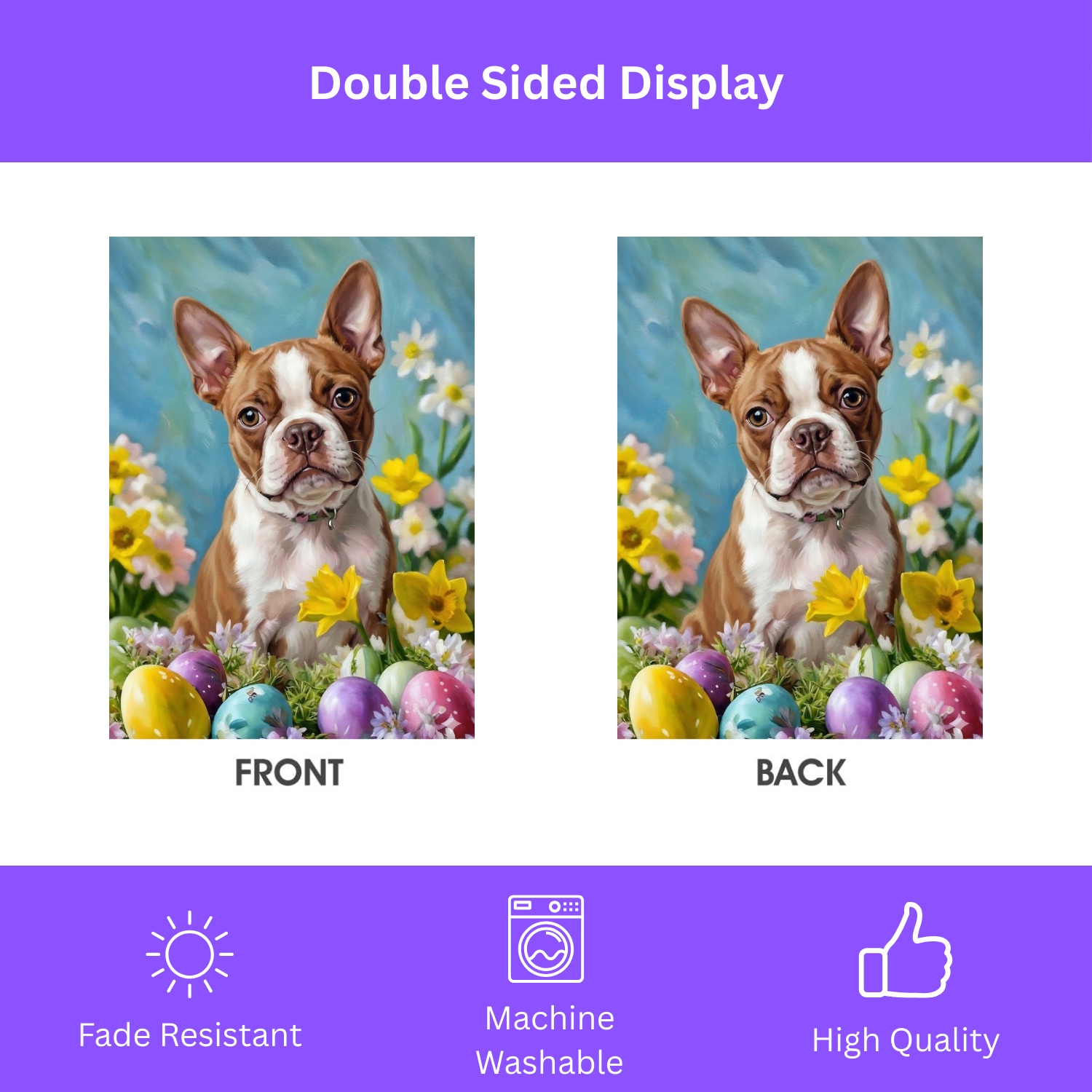 Red Boston Terrier Flowers and Easter Eggs Garden Flag