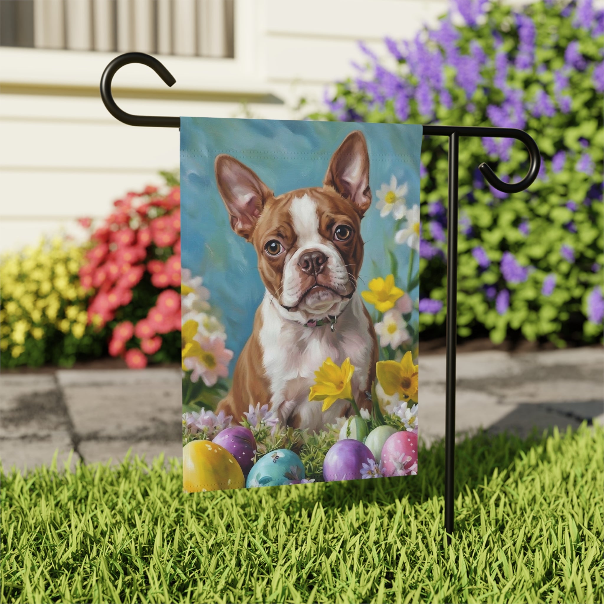 Red Boston Terrier Flowers and Easter Eggs Garden Flag