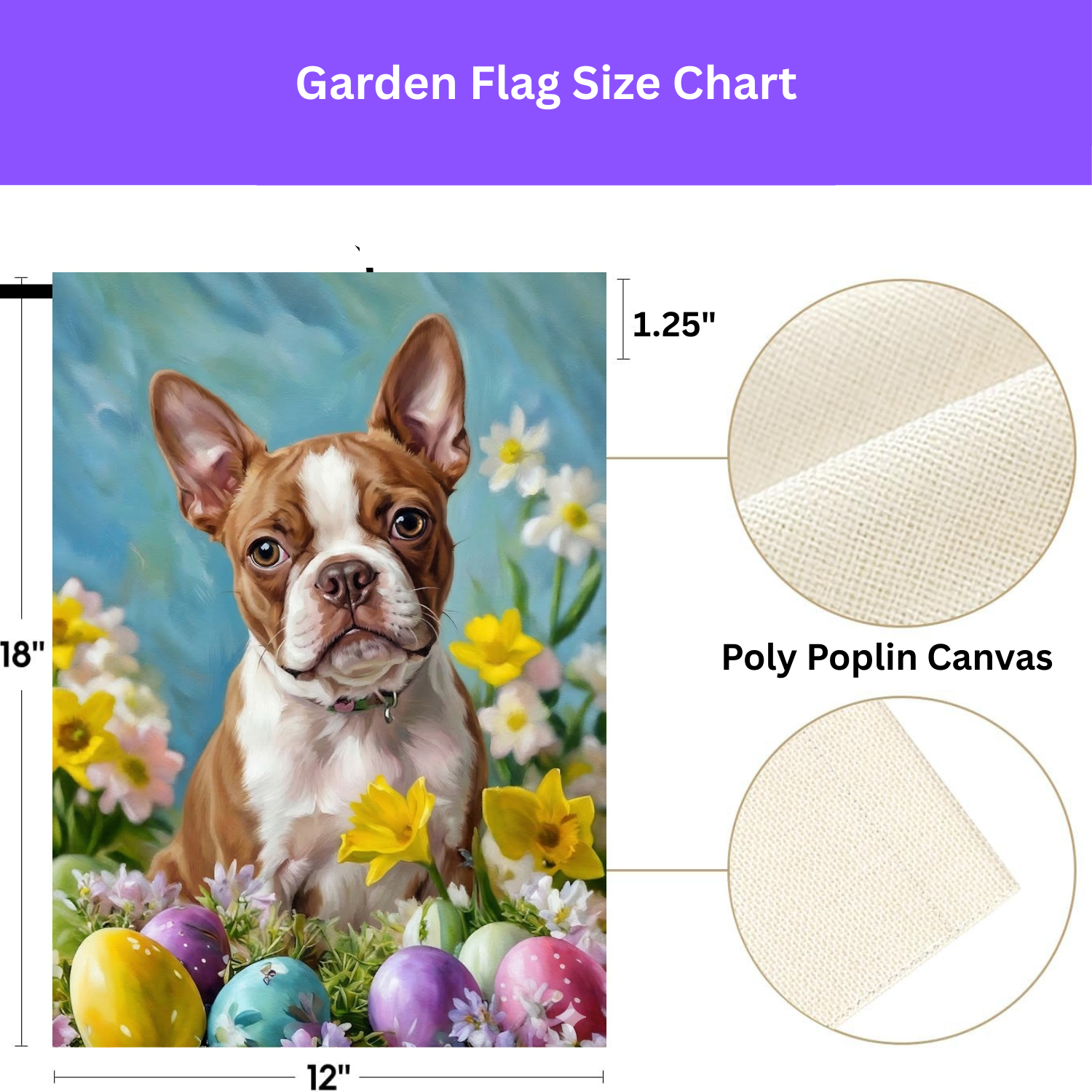 Red Boston Terrier Flowers and Easter Eggs Garden Flag