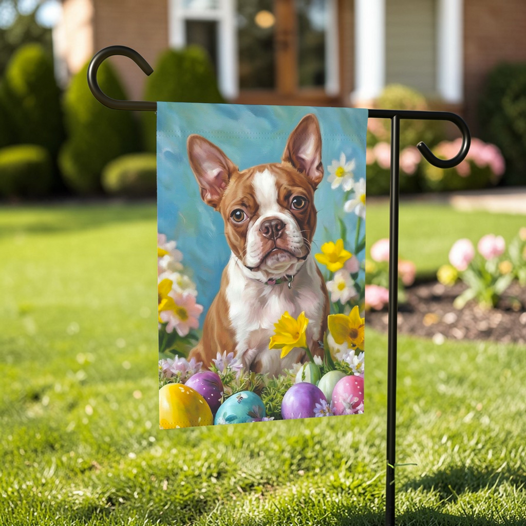 Red Boston Terrier Flowers and Easter Eggs Garden Flag