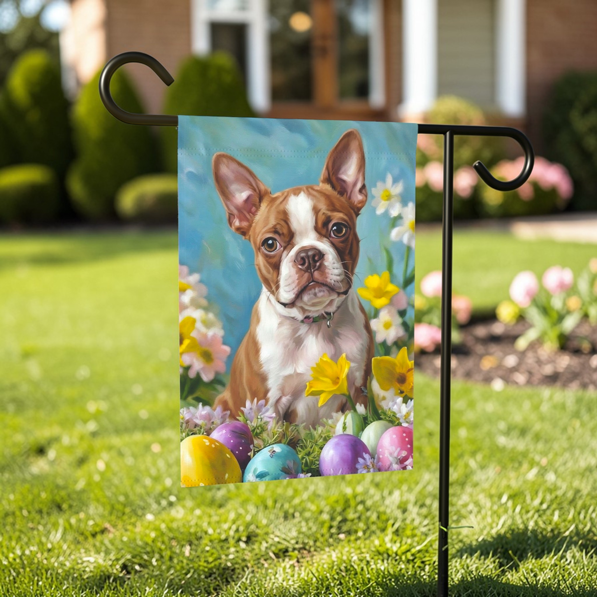 Red Boston Terrier Flowers and Easter Eggs Garden Flag