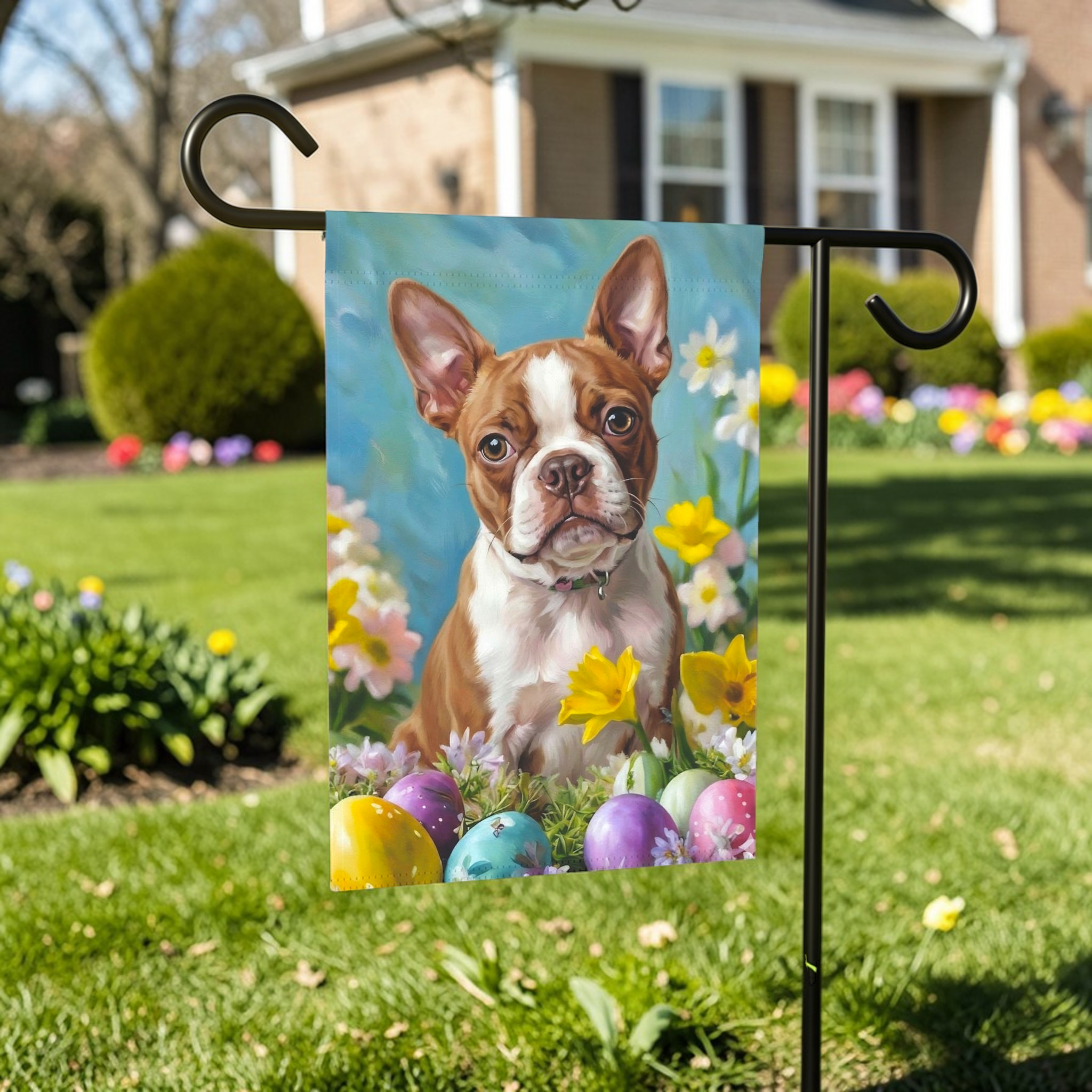 Red Boston Terrier Flowers and Easter Eggs Garden Flag